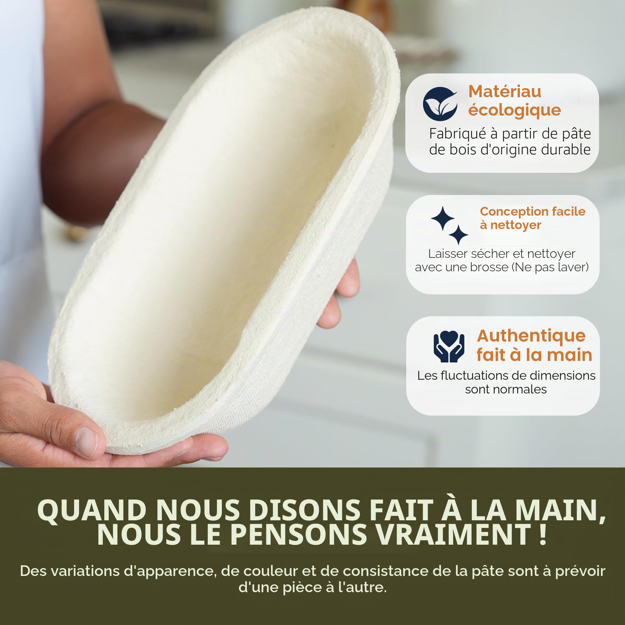 Bulka Petit panier ovale de 500 g pour pain en pâte de bois pressée – Panier à pain anti-adhésif en forme de batard et levain, fabriqué en Allemagne.