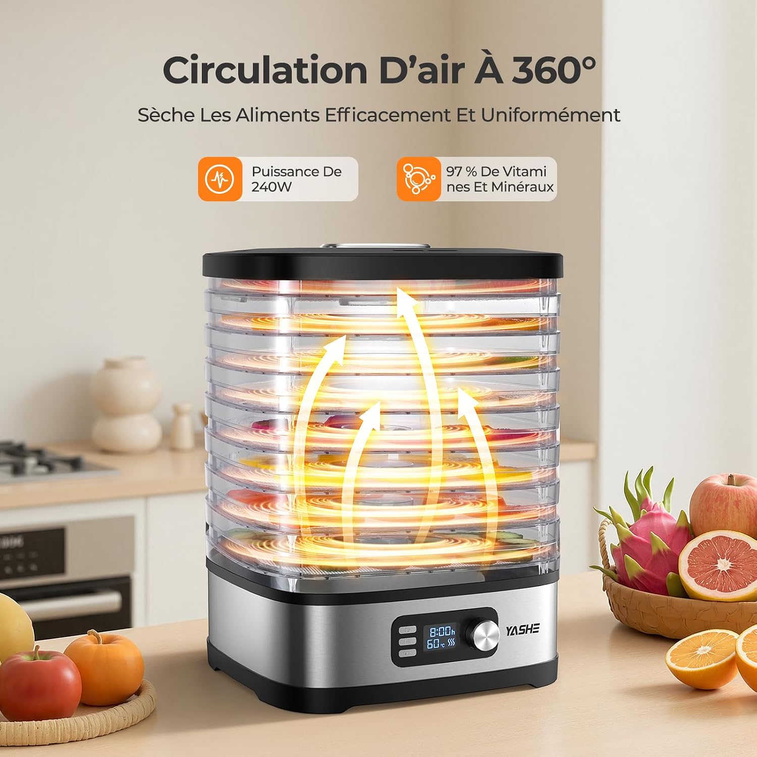 YASHE Deshydrateur Alimentaire 8 Plateaux, 72H Temps & Température, Inclus Feuilles en Maille, Plateau pour Rouleaux de Fruits et Pinces Inox pour Jerky, Fruits, Viande, Légumes, Herbes, Sans BPA — vue 4