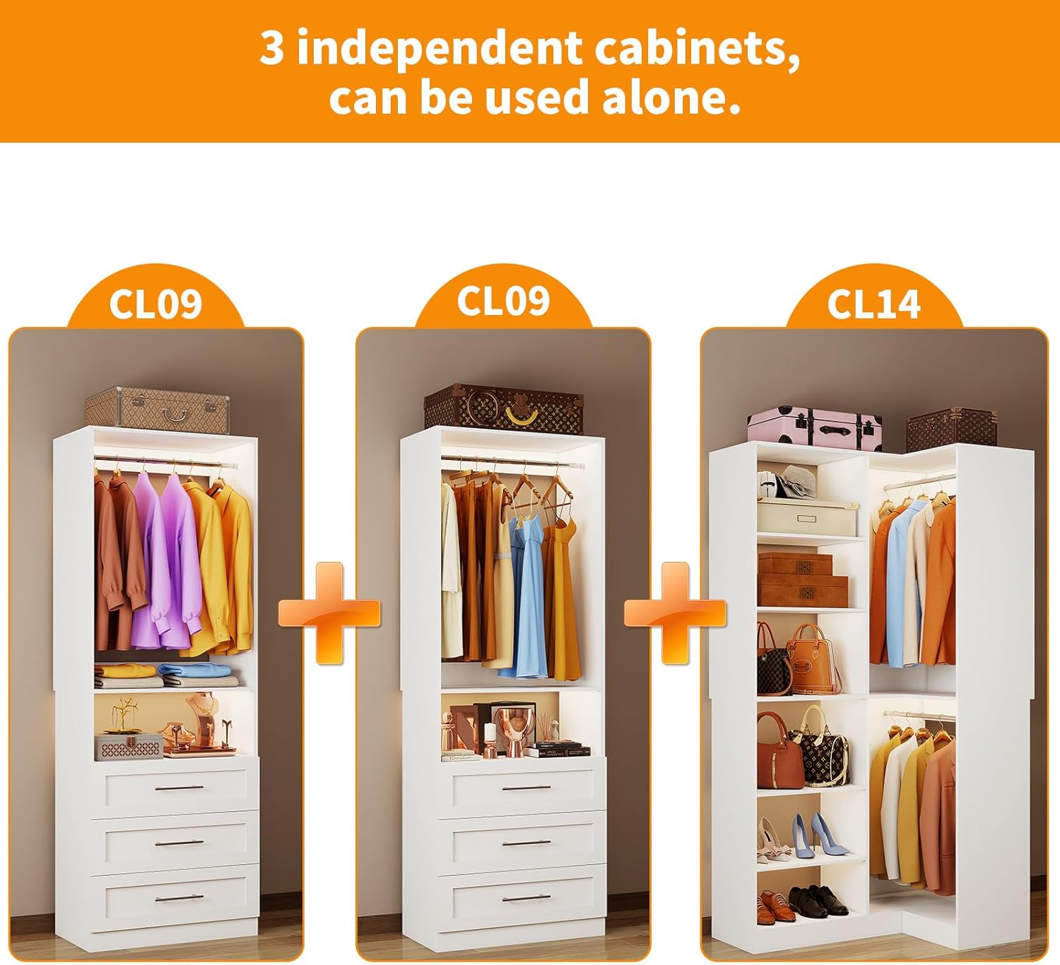 Closet System with 6 Drawers, Corner Closet Organizer Systems with 8 Shelves & 7 Hanging Rods L-Shaped Walk in Closet Freestanding Corner Tower Modular Storage System 3 Sets 2100+ Lbs Capacity White