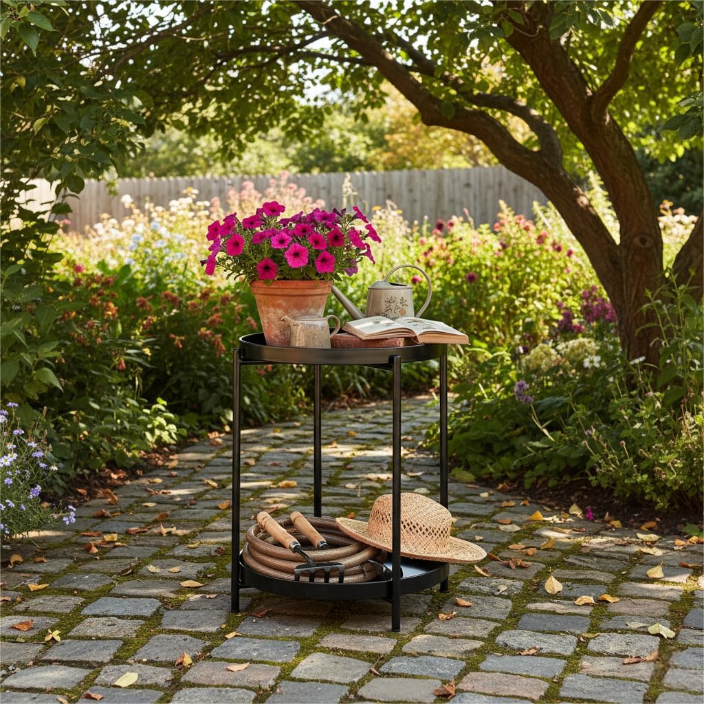 danpinera 2-Tier Round Side Table, Metal End Table with Removable Tray, Small Outdoor Table Accent Table, Anti-Rust Black Nightstand for Bedroom Balcony Patio (Black) Black 1
