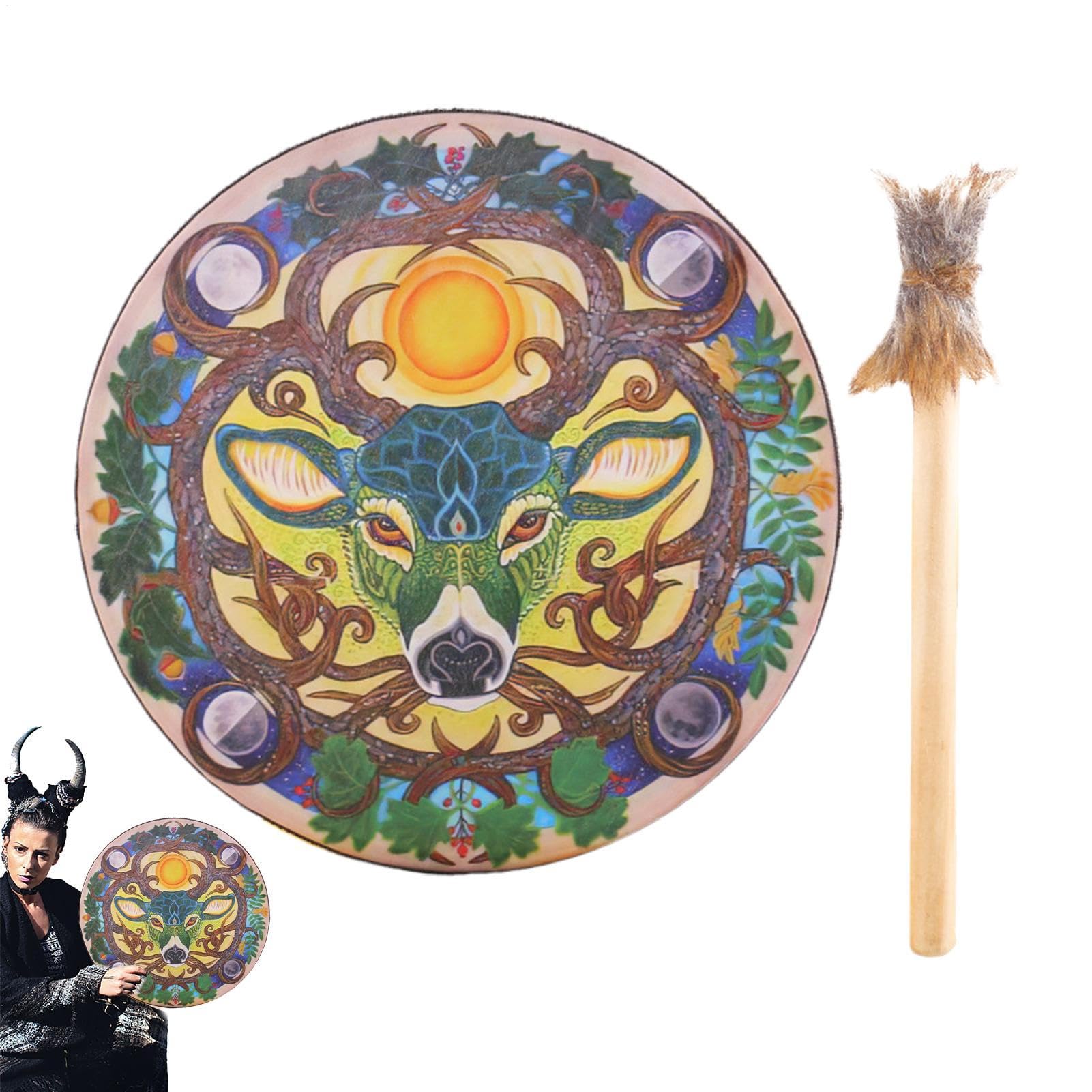 Auténtico tambor chamán, tambor de cabeza de de 9 pulgadas, 9.84 x 9.84 x 1.97 pulgadas, batería hecha a mano con piel natural, instrumento musical espiritual con resonancia profunda, tambores