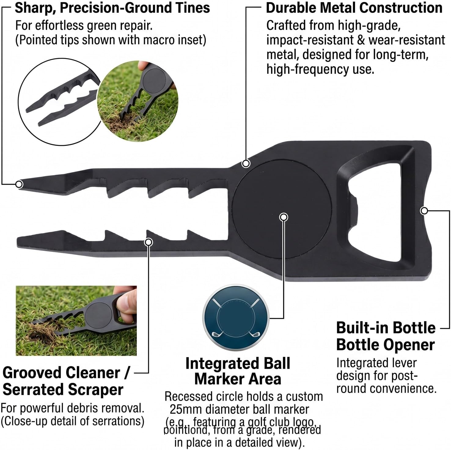 Shkalacar 7 in 1 Metal Divot Tool Ball Marker Tee Height Selector Groove Cleaner with Putter Alignment Aid Temporary Tee Bottle Opener for Golfers Turf Repair Accessory