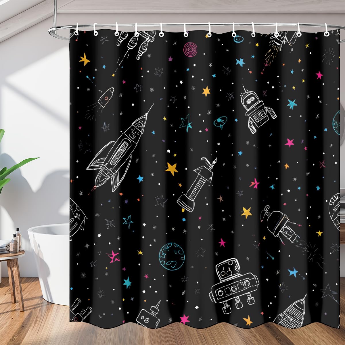 Rideau de douche lavable en machine et imperméable motif espace multicolore