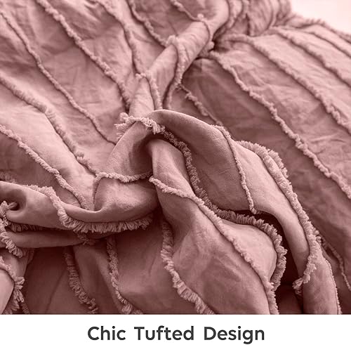 Miniatura 4 de JELLYMONI Funda de edredón rosa tamaño individual  Juego de funda de edredón de microfibra copetuda de 3 piezas, funda de edredón bohemia a rayas