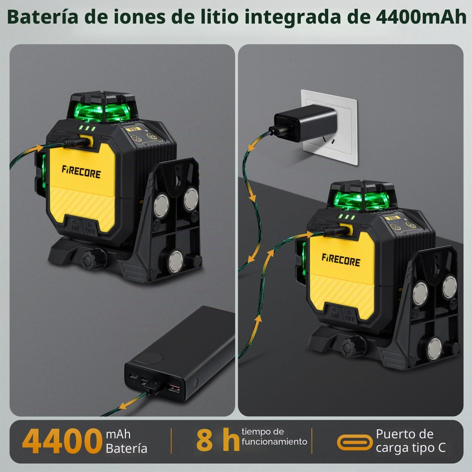Firecore Nivel Láser Autonivelante 360° x 3, Láser Nivel de Construcción de Alta Precisión ±2 mm/10 m con Batería de Litio Recargable, Alcance de 60 m en Modo de Pulso, Ideal Para Uso en Interiores