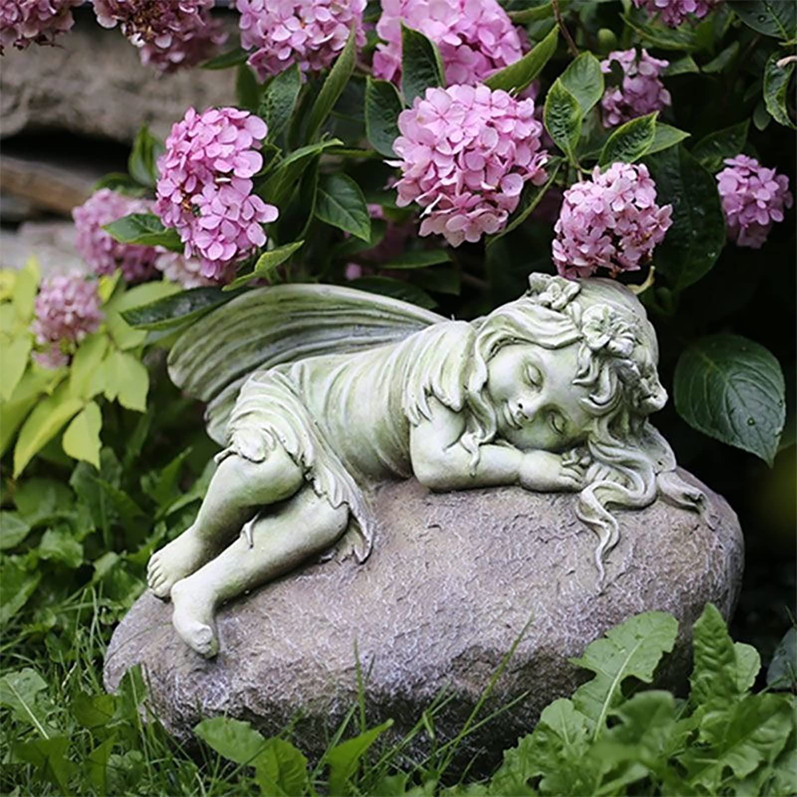 Ornamento da giardino Statua del giardino d'angelo addormentato - Ossido di magnesio cherubino che dorme su figura di pietra decorazione da giardino esterno interno