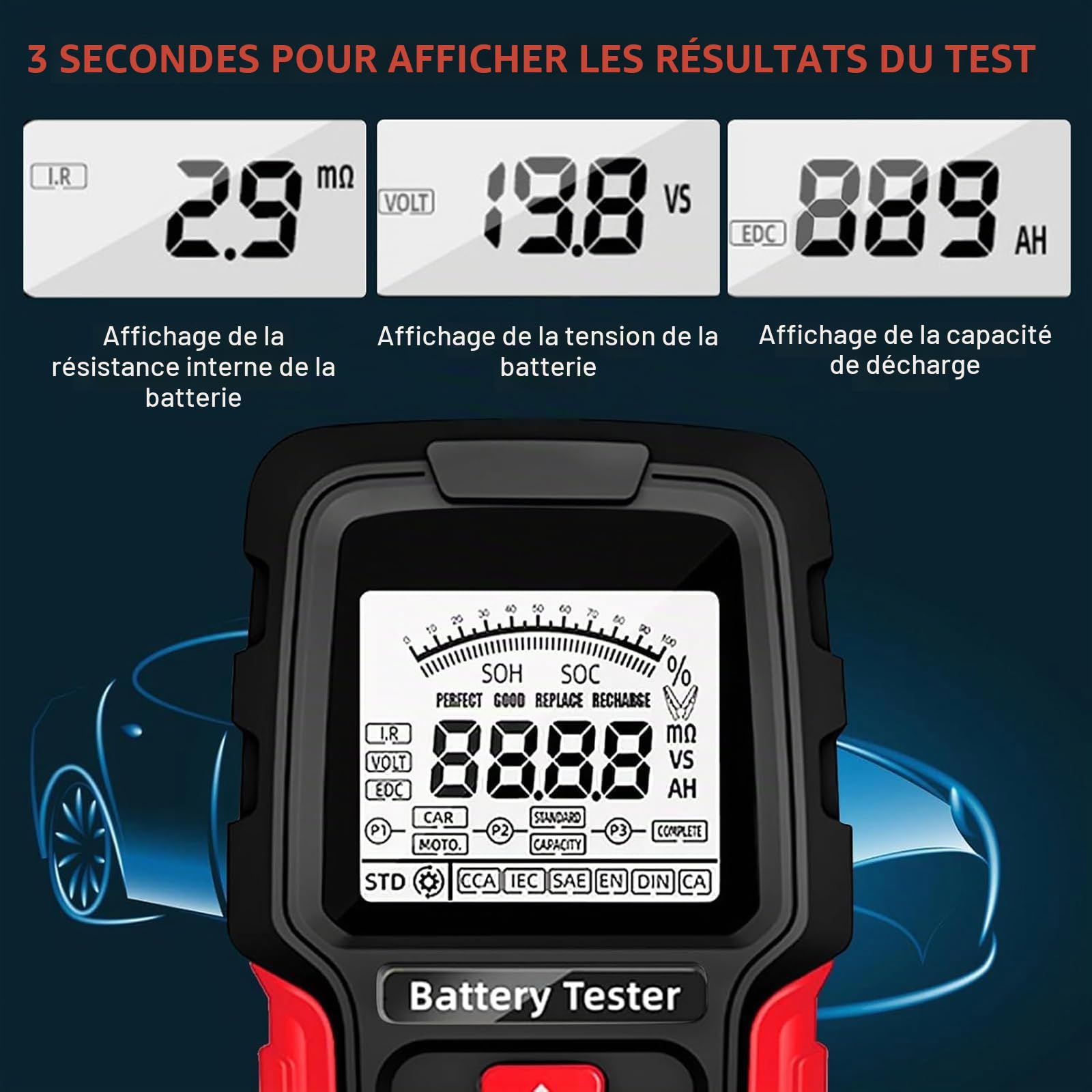 Testeur de batterie de voiture, 12 V/24 V, testeur de batterie de voiture, testeur de batterie de voiture 200-2000 CCA Testeur d'alternateur de voiture, analyseur numérique avec écran LCD pour voiture
