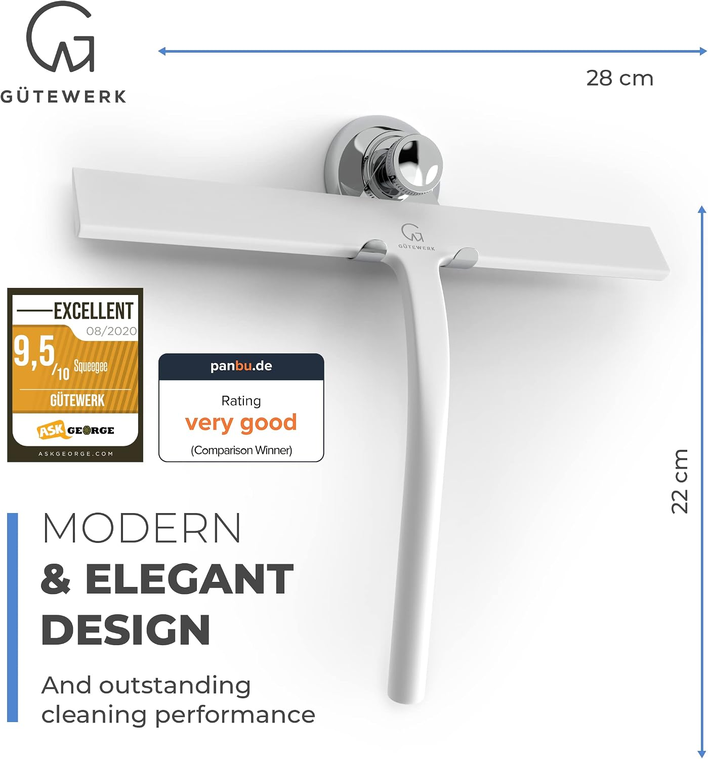 GÜTEWERK Shower Squeegee for Glass Doors, Rubber Window Squeegee, Small Squeegee for Shower Glass Door, Shower Glass Cleaner, Glass Shower Door Cleaner, Squeegee for Window Cleaning - White - 11 Inch