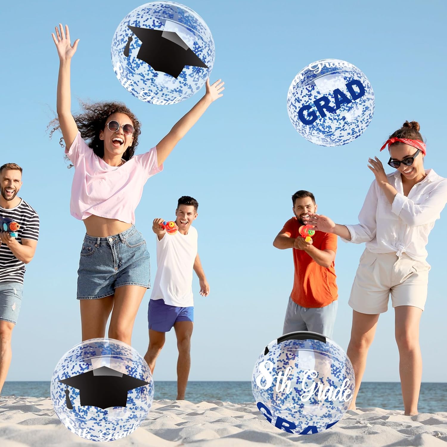 12 Pcs 16 Inch Blue 8th Graduation Beach Balls Inflatable Grade Pool Floats 2026 Thick Glitter Giant Beach Ball Bulk for Eighth Grade Swimming Pool Graduation Party Supplies