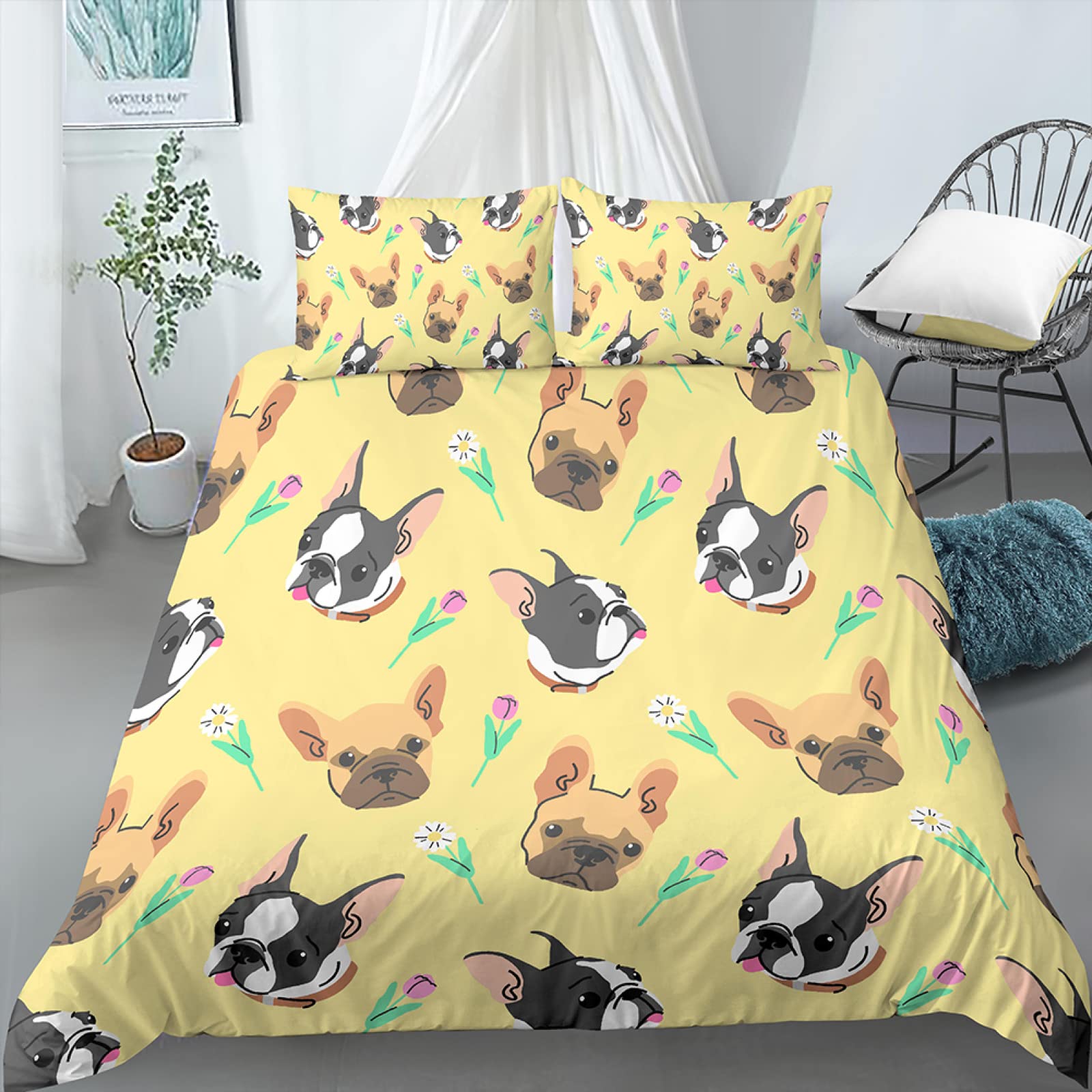 Housse de Couette Bouledogue Français Douce et Respirante en Microfibre Jaune Zippée 220x240