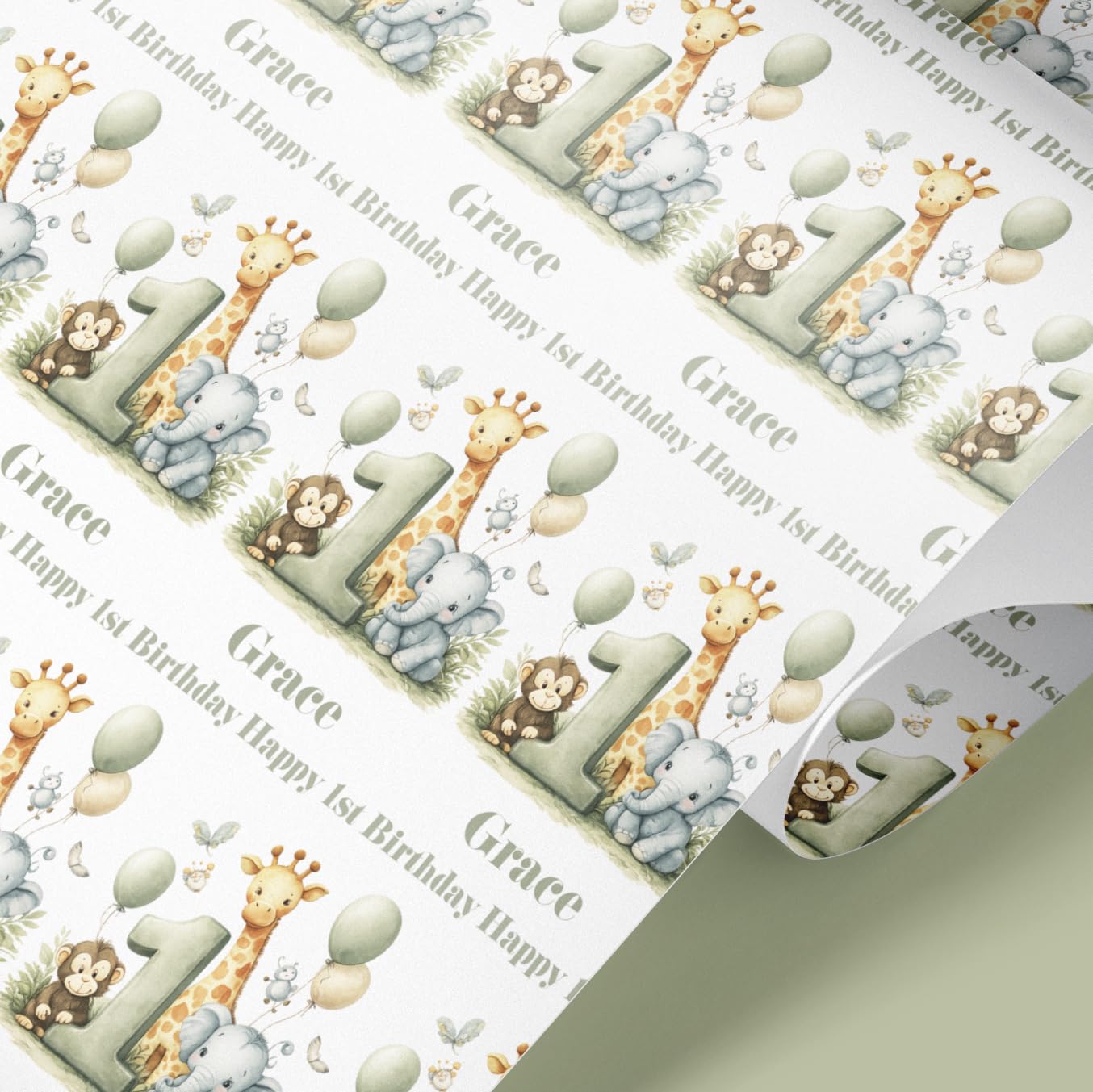 Personalised 1st Birthday Wrapping Paper – Safari Animals Gift Wrap with Name & Age – Green Sage Jungle Theme – Premium 61cm Wide Custom Birthday Wrapping Paper UK (2mt)