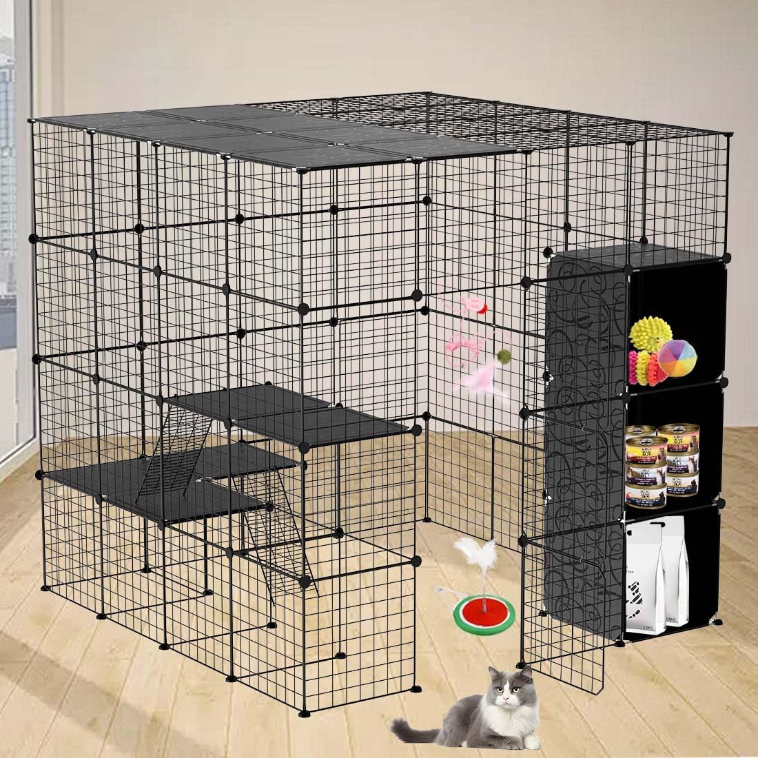 flower frail 4Tier Large Cat Cage, DIY Cat Enclosures Indoor with 3 Storage Cube