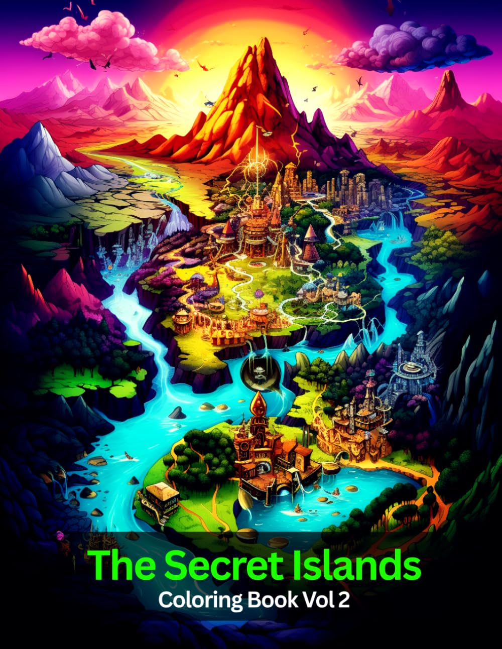 The Secret Islands Coloring Book Vol 2, 50 beautifully illustrated fantasy island scenes filled with hidden treasures.
