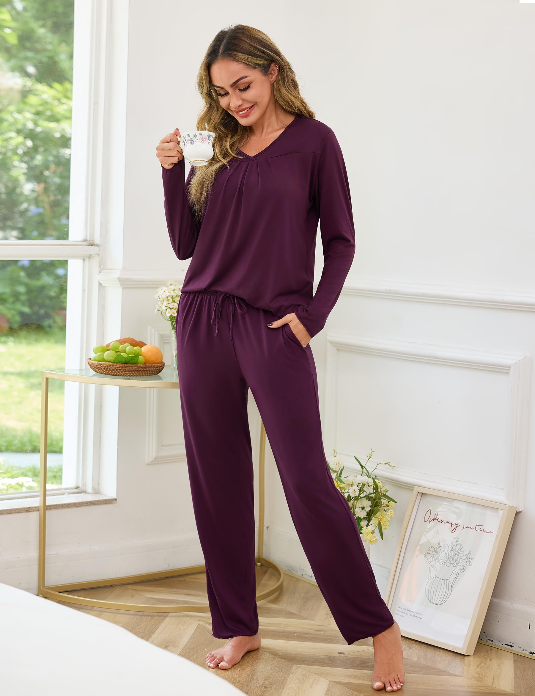 Uniexcosm Pigiama Lungo da Donna in Cotone Invernale Pigiami Due Pezzi da Donna con Tasche