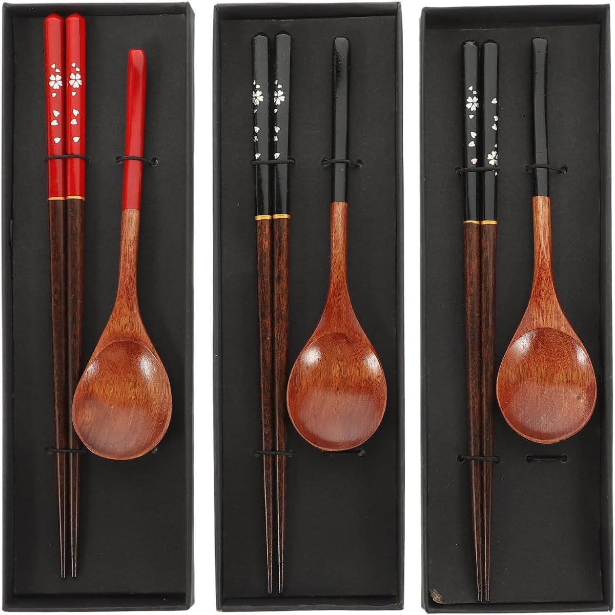 Japanese Style Wooden Spoon and Chopsticks Set 3 Pairs Lightweight Reusable Travel Utensils for Picnic Office Home 9.84In
