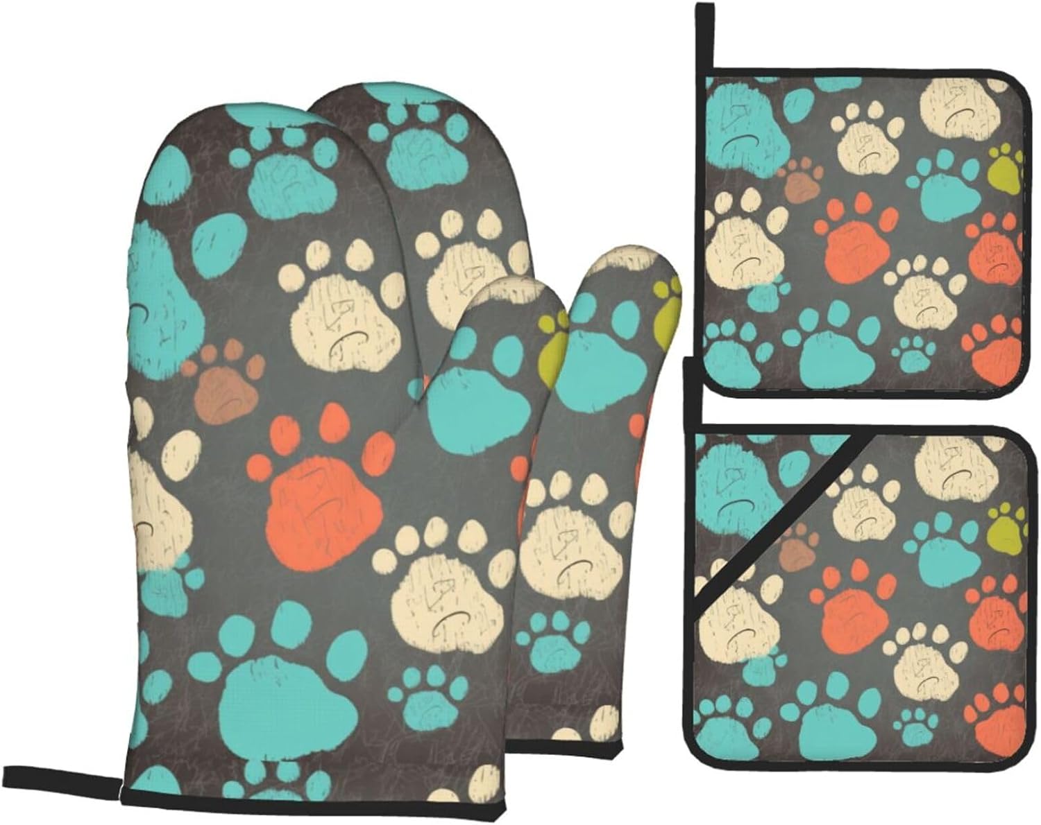 (Dog Print) Baking 4-Piece Set: 2 Oven Mitts and 2 Pot Holders Heat Resistant Waterproof Hanging Loop for Kitchen Oven Grill Housewarming Gifts