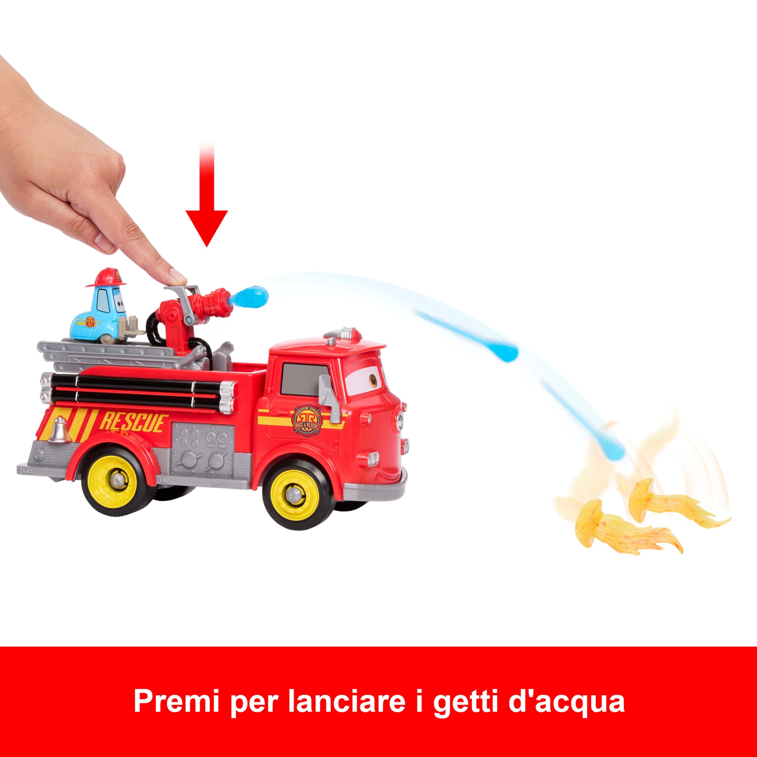 Mattel CARS - Sfreccia e Soccorri Red e Guido Pompieri, set con camion dei pompieri, 2 bersagli a forma di fiamma e 2 proiettili ad acqua inclusi, giocattolo per bambini, 3+ anni, JFL54