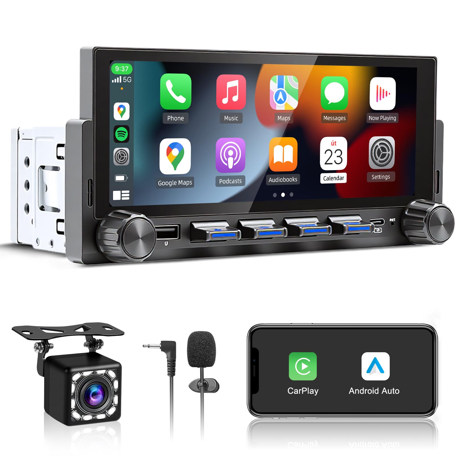 Photo 1 of 6.86" Wireless Single Din Touchscreen Radio Apple Carplay Android Auto, Single Din Car Stereo with Bluetooth, Mirror Link, Fast Charging, Backup Camera, AM/FM, EQ, Type-C