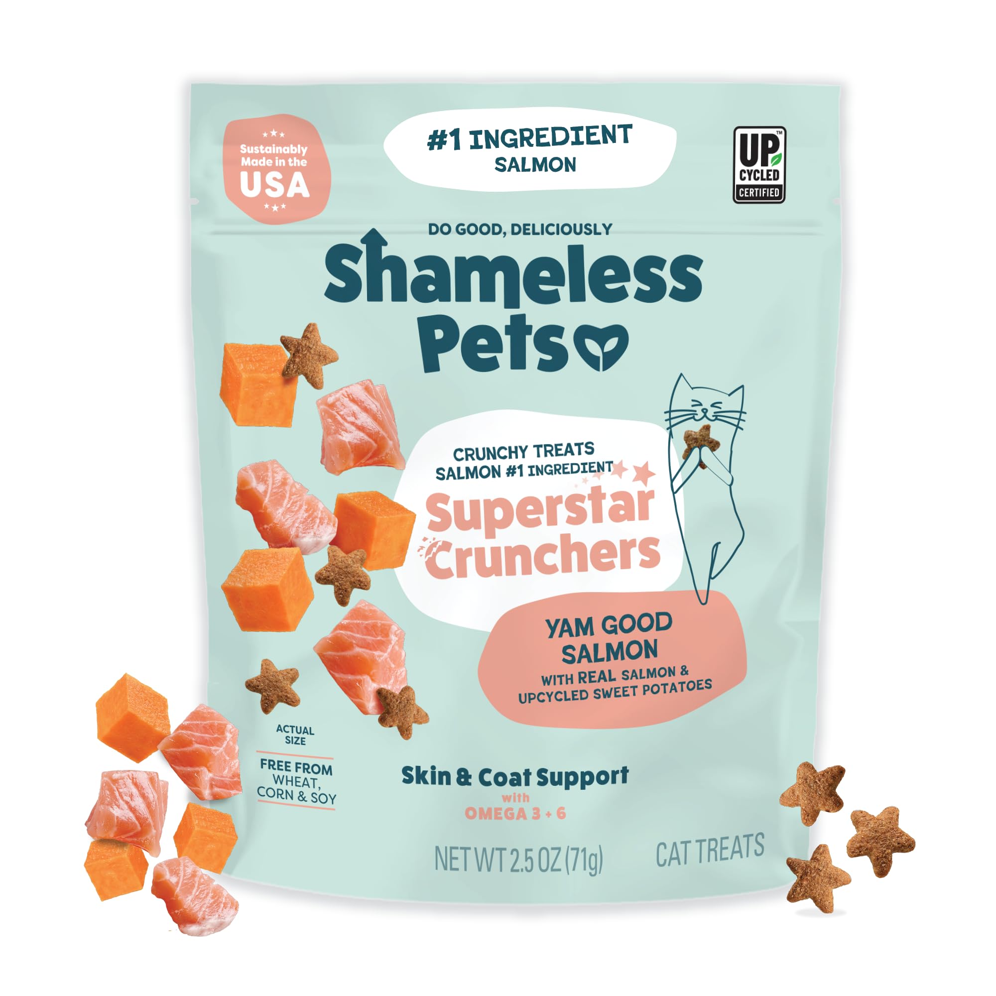 Shameless Pets Crunchy Cat Treats - Kitty Treats for Cats with Skin & Coat Support, Natural Ingredients Kitten Treats with Real Salmon, Healthy Flavored Feline Snacks - Yam Good Salmon, 1-Pk