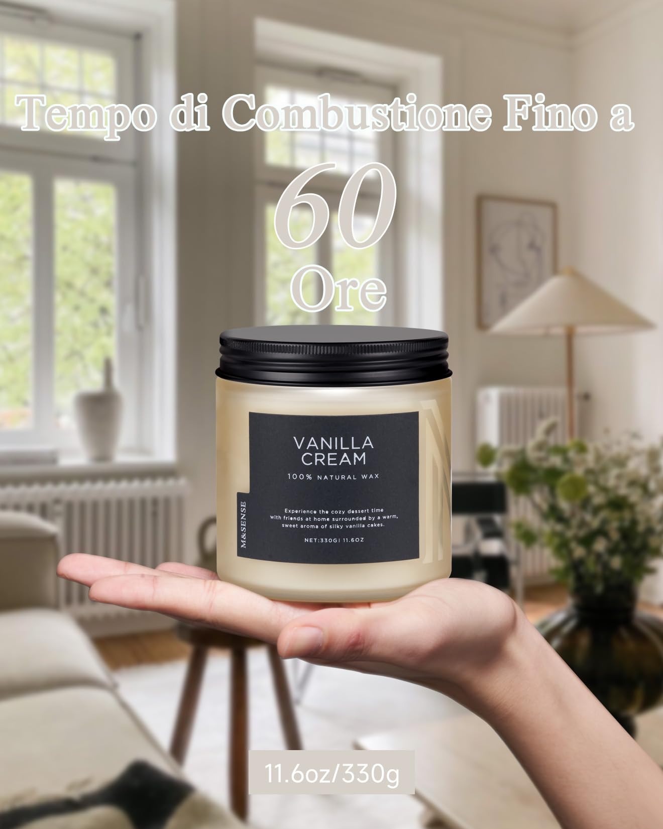 M&SENSE Candela profumata di Crema alla vaniglia, candela media a 2 stoppini da 330g, 70 ore di combustione, candela profumata per aromaterapia rilassante, regalo di inaugurazione per donne e uomini