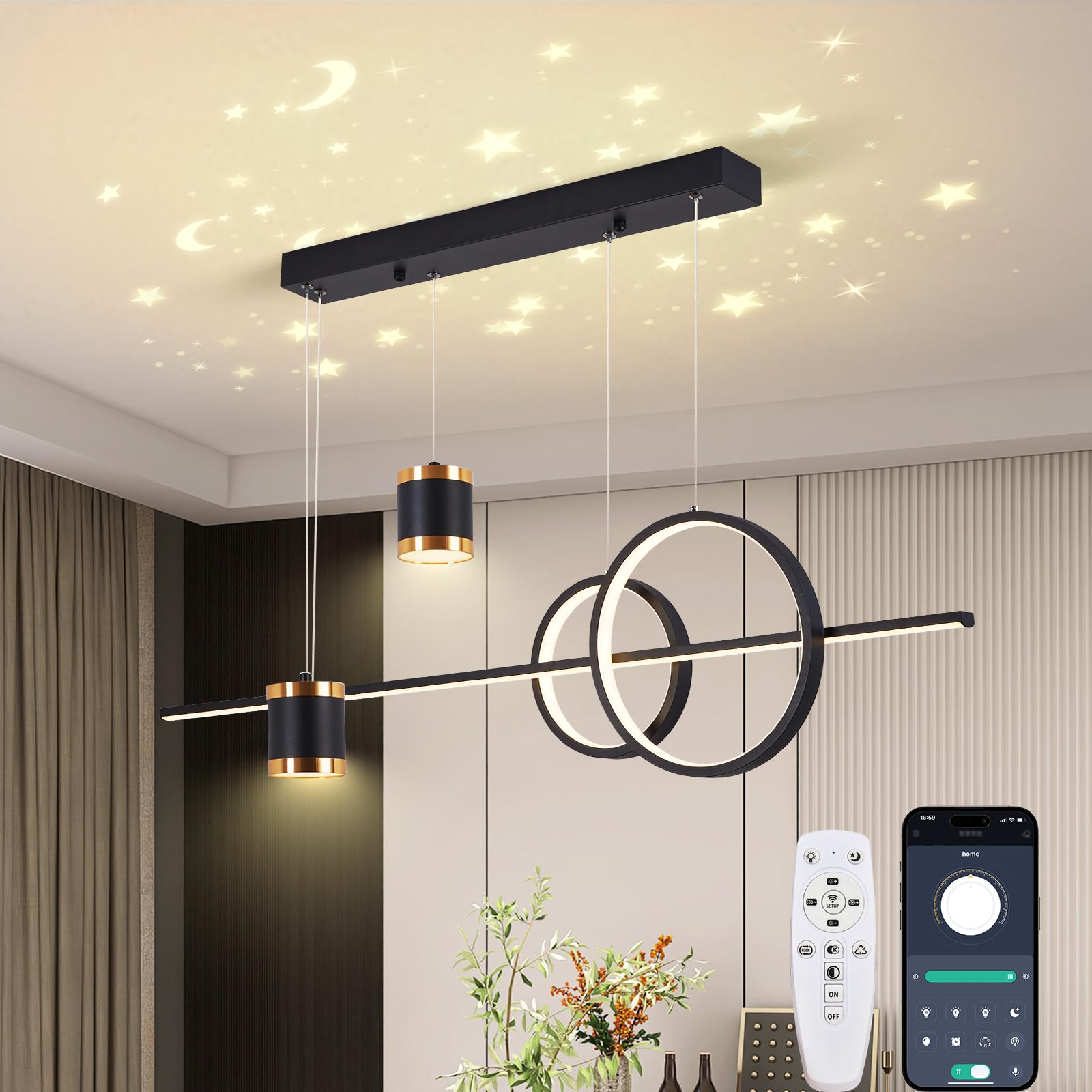 Moderne Suspension Luminaire LED Table à Manger, Dimmable Suspension Luminaire avec Télécommande/APP, L100CM Lustre Linéaire Design pour Salle à Manger Salon, Noir
