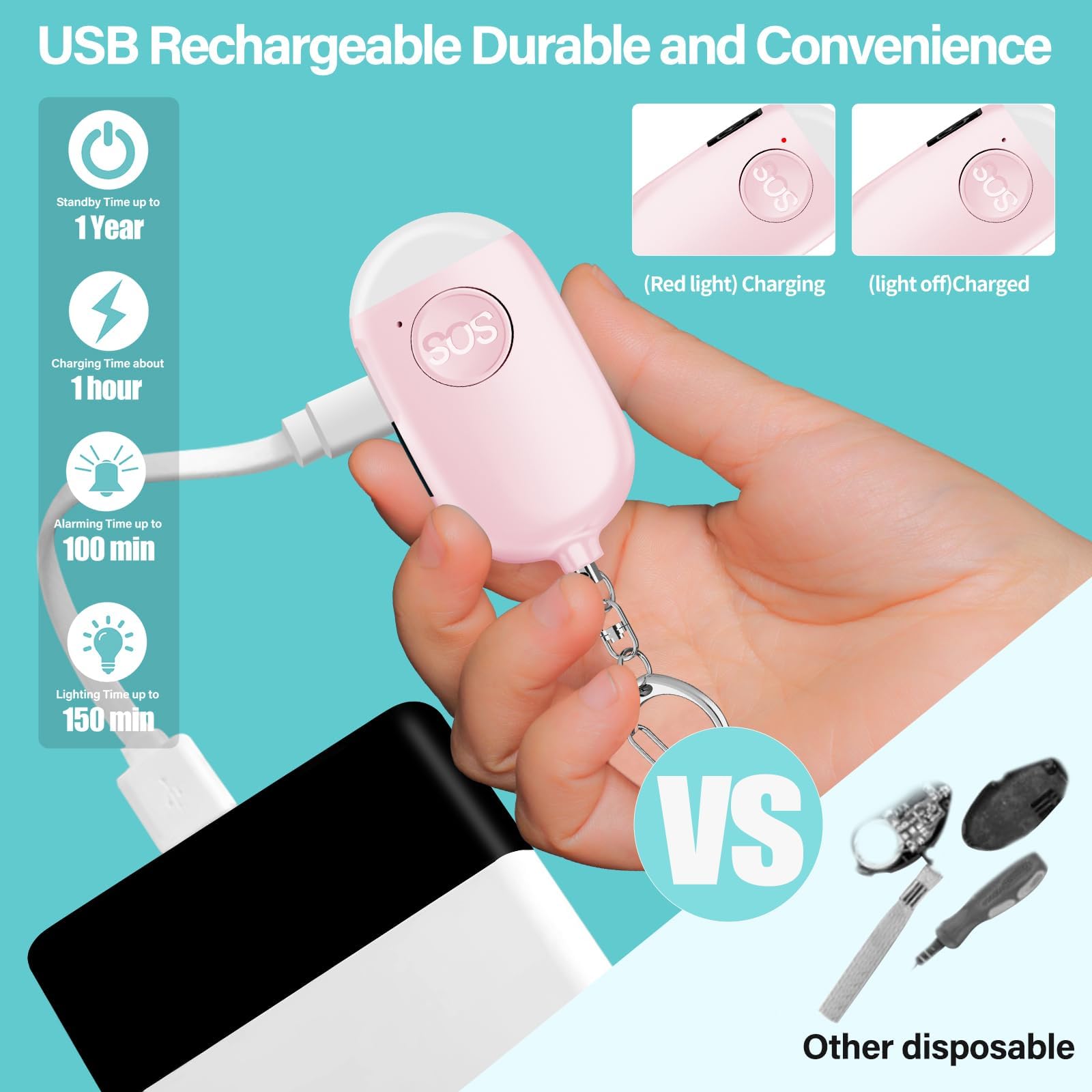 Alarma Personal Autodefensa de Bolsillo Hion - Llavero de Defensa Personal Recargable 130 dB con Iluminación LED para Mujeres, Niños y Personas Mayores - Potente y Confiable(Rosa, 1)