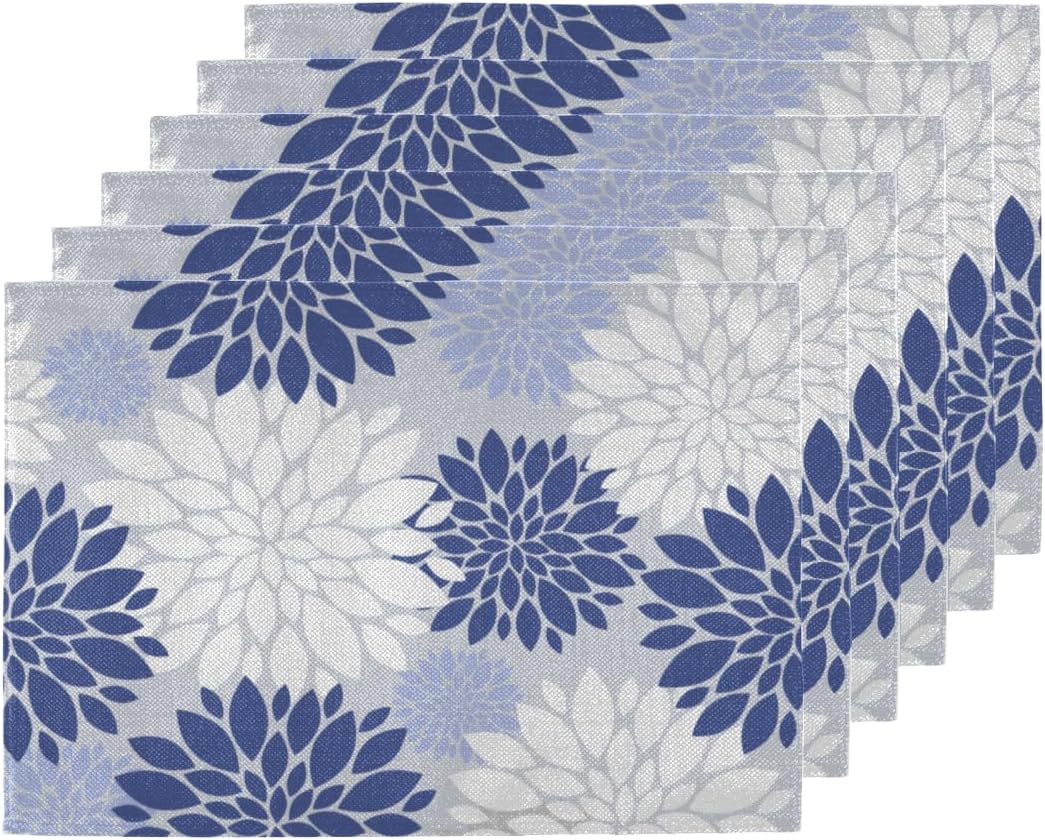 Placemats Set of 6 - Blue White Floral Place Mats for Dining Table - Heat Resistant Table Mats Washable Placemat Kitchen Home Party Indoor Outdoor Decor, 12 x 18 Inch, Flower