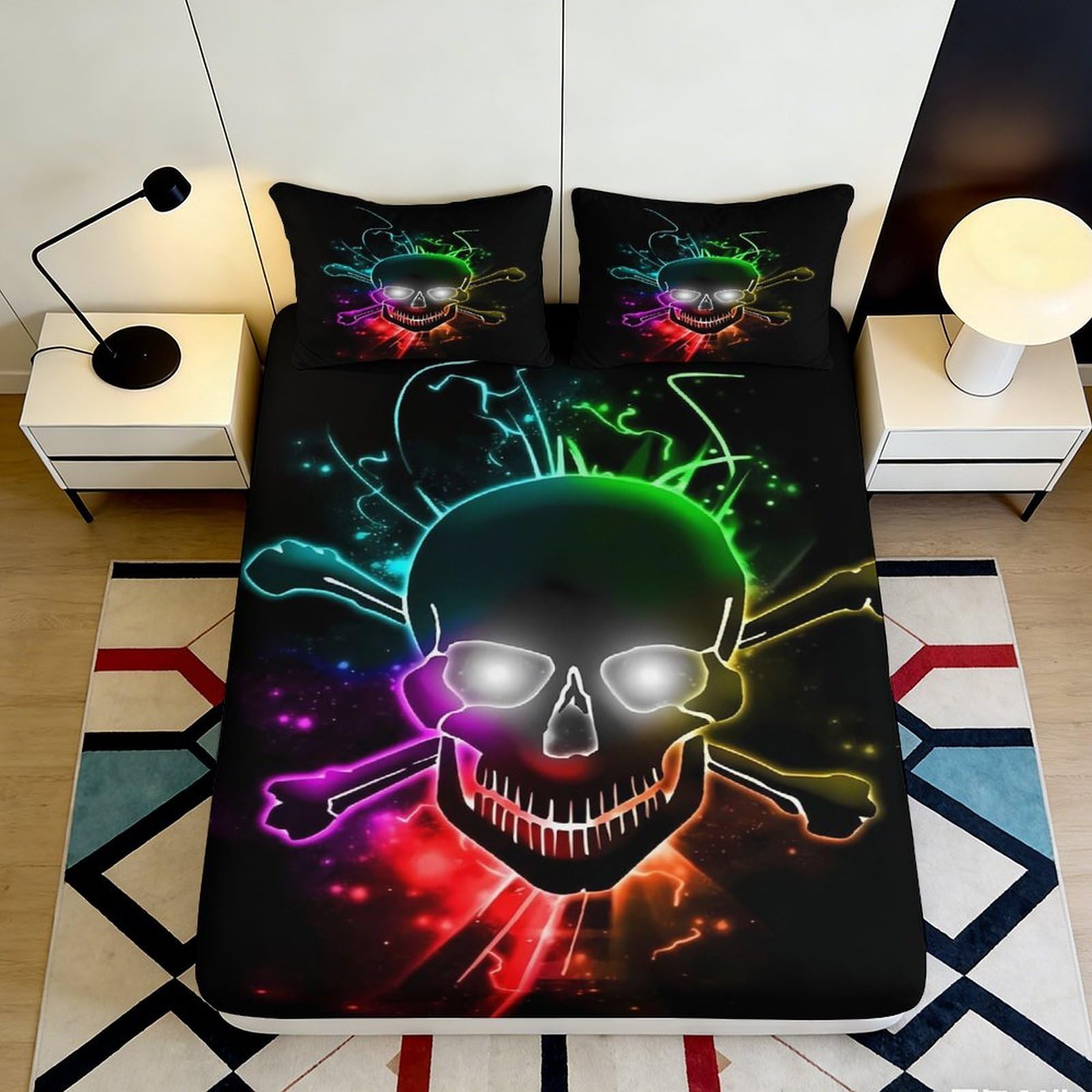 3D Printed Neon Skull Fitted Sheet Microfiber Durable Soft Bed Cover with Glowing Effect Mattress Cover for Bedroom Dormitory Guest Room Protection 200x200x25cm