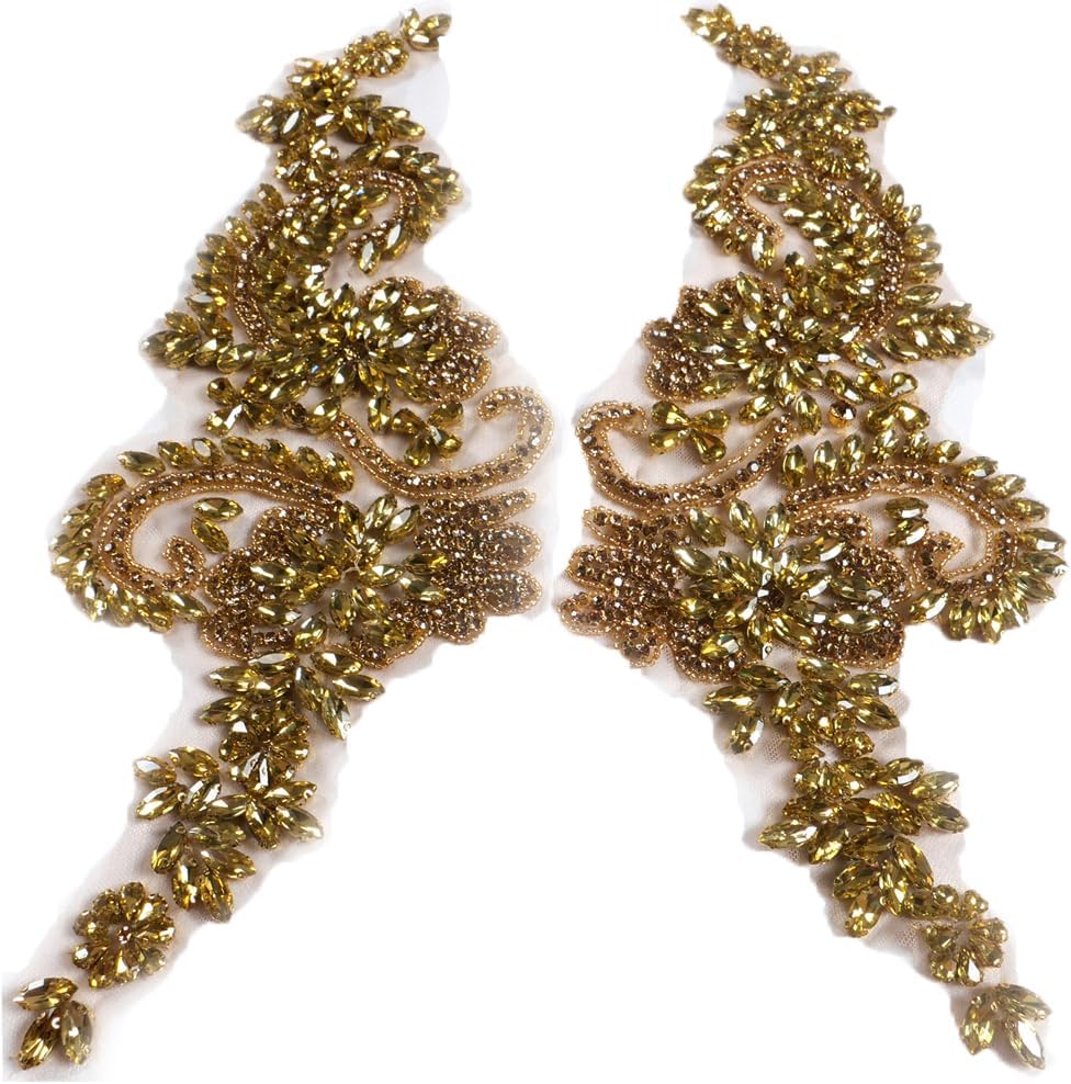 Luxury Look Shiny Rhinestone Pair Applique Patch in Gold Silver champgane AB Color for Prom Dress Belt Arts Crafts Sewing decorat (Gold-B)