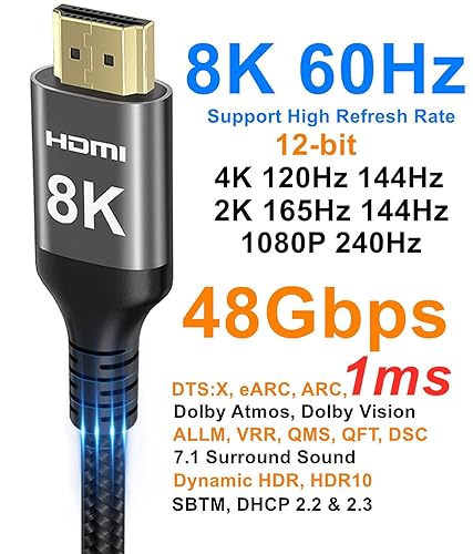 Miniatura 2 de Cable HDMI 8K de 48 Gbps 65 pies, cable HDMI de alta velocidad trenzado de nailon 4k 120Hz 2k 165Hz 8k 60Hz 12bit eARC ARC Dolby Atmos HDR10+