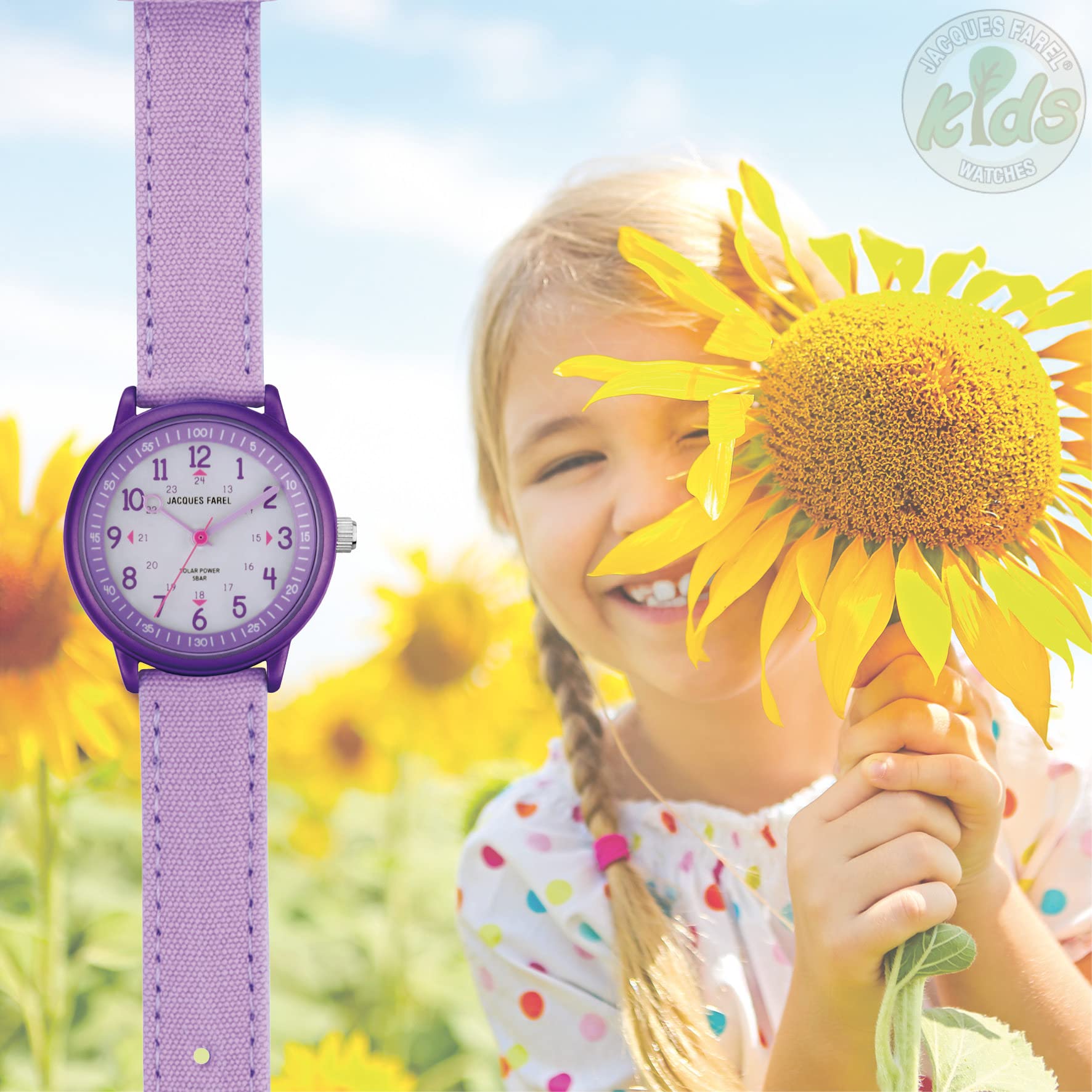 Jacques FAREL Solaruhr Lernuhr Öko Kinderarmbanduhr Mädchen Analog Quarz mit Textilarmband aus Bio-Baumwolle Lila Violett Nachhaltig ORSO 3110
