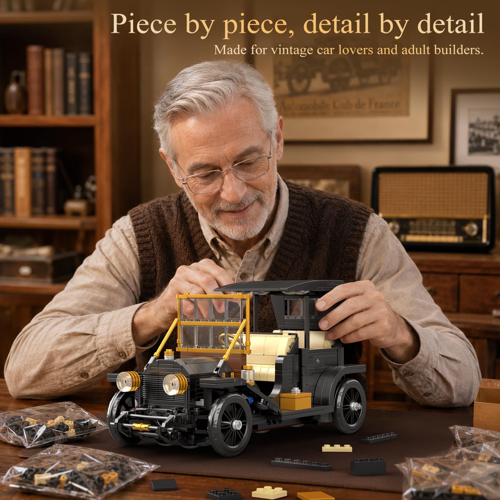 Mould King 10261 Retro Auto Bausatz 9in1, 1291 Teile, ab 14 Jahren | Oldtimer Klemmbausteine Set für Erwachsene, Retro Fahrzeug Modellbausatz als Sammlerfahrzeug, Deko und Geschenkidee