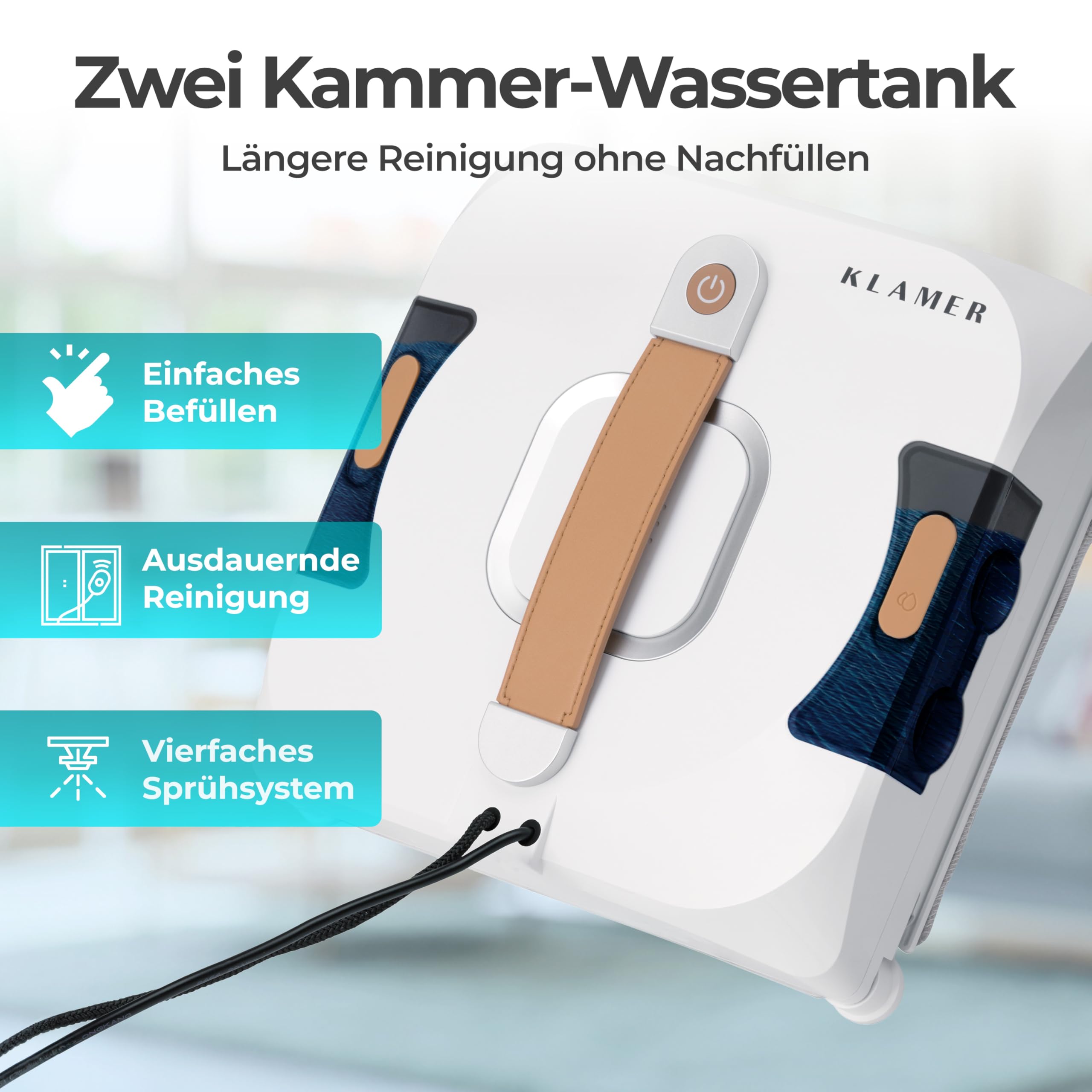 KLAMER Fensterputzroboter 3500 Pa – automatischer Fensterreiniger mit 100 ml Doppelwassertank, Nassreinigungsmodus & Rand-Erkennung, leise 60 dB, Absturzsicherung & Smart Pfadplanung