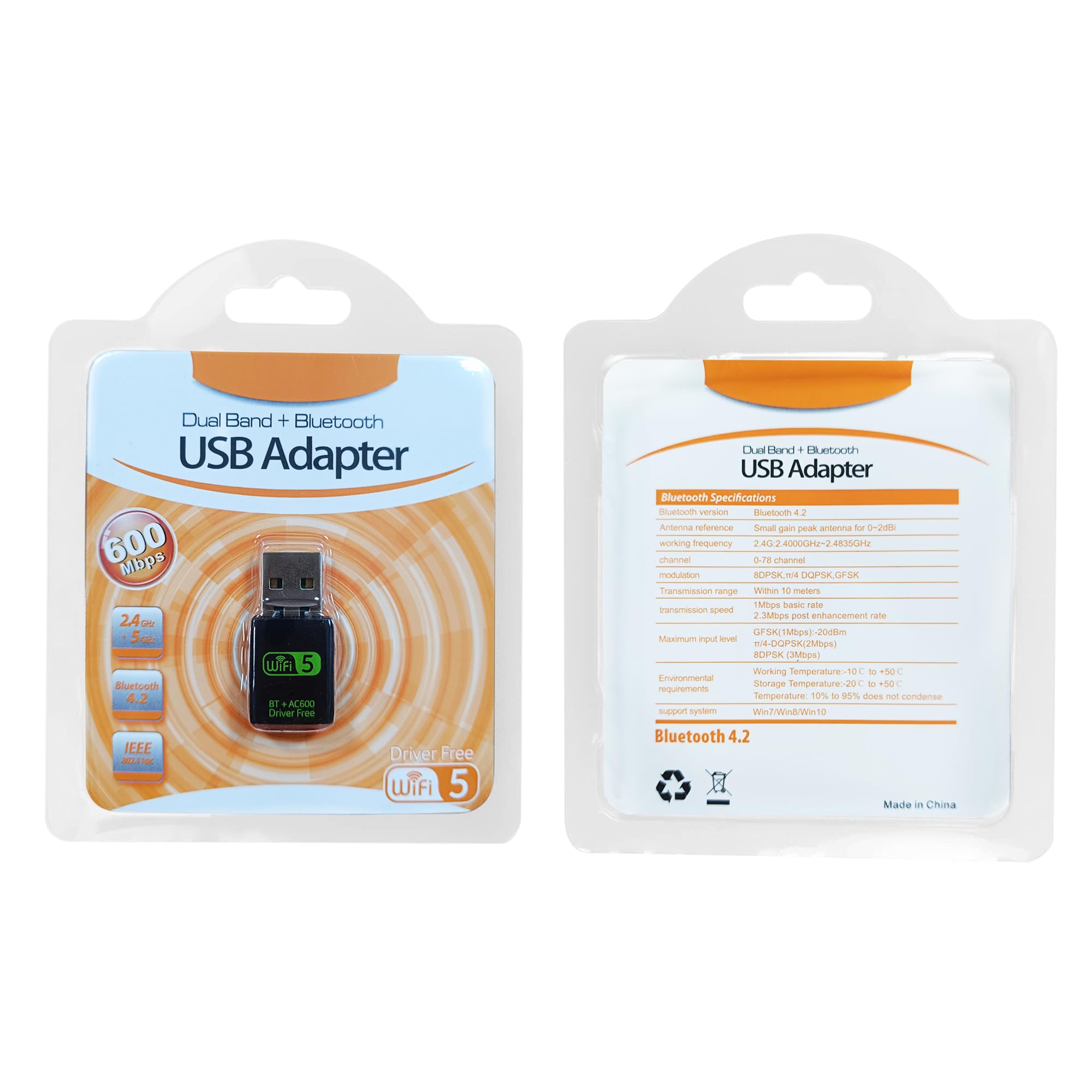 Adaptador USB WiFi Bluetooth, 600 Mbps de doble banda 2.4/5 GHz tarjeta de red inalámbrica, USB WiFi dongle para PC/portátil/escritorio, compatible con Windows XP/7/8.1/10
