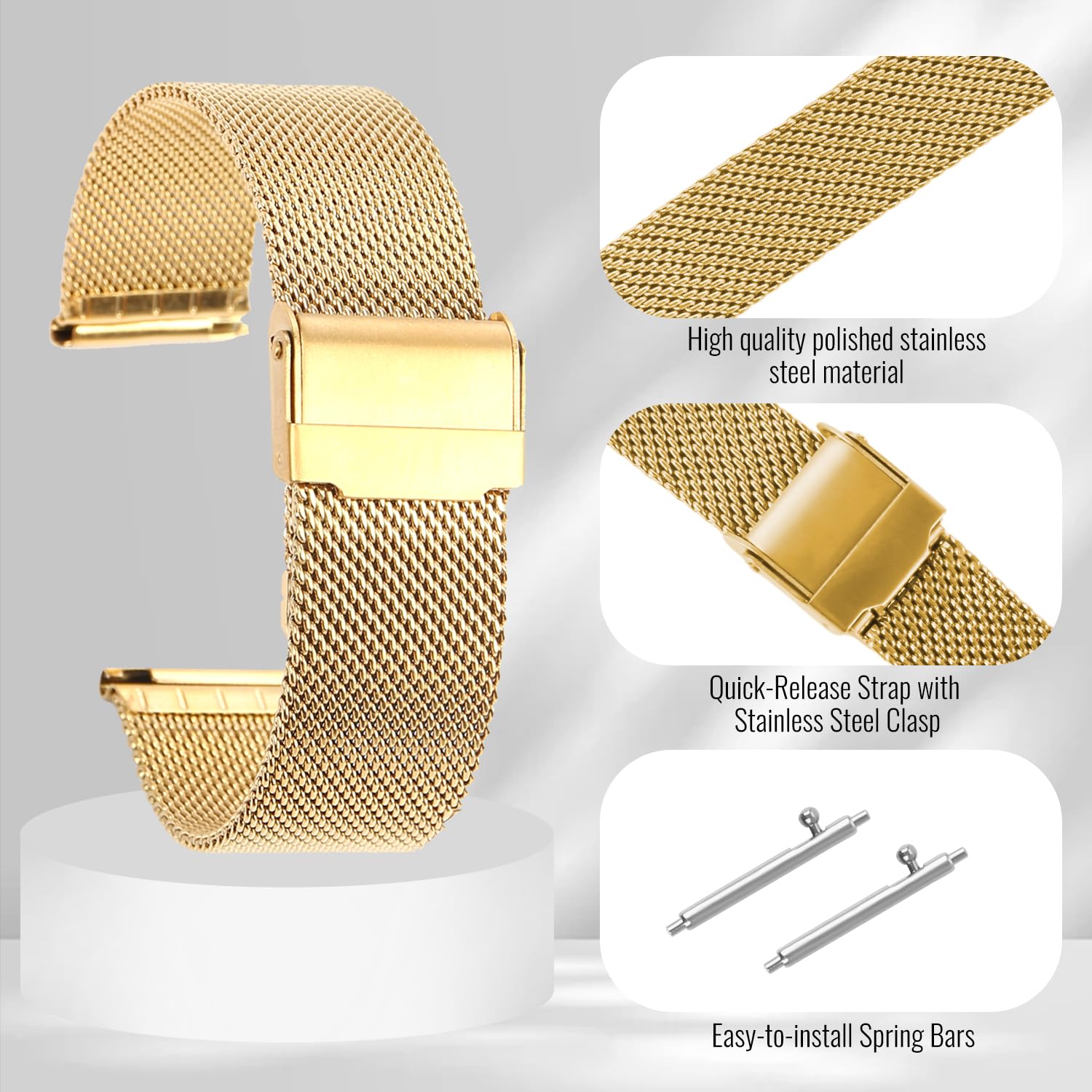 Winfox Stainless Steel Mesh Watch Band for Men Women,Quick Release Mesh Watch Straps 20mm(Gold)