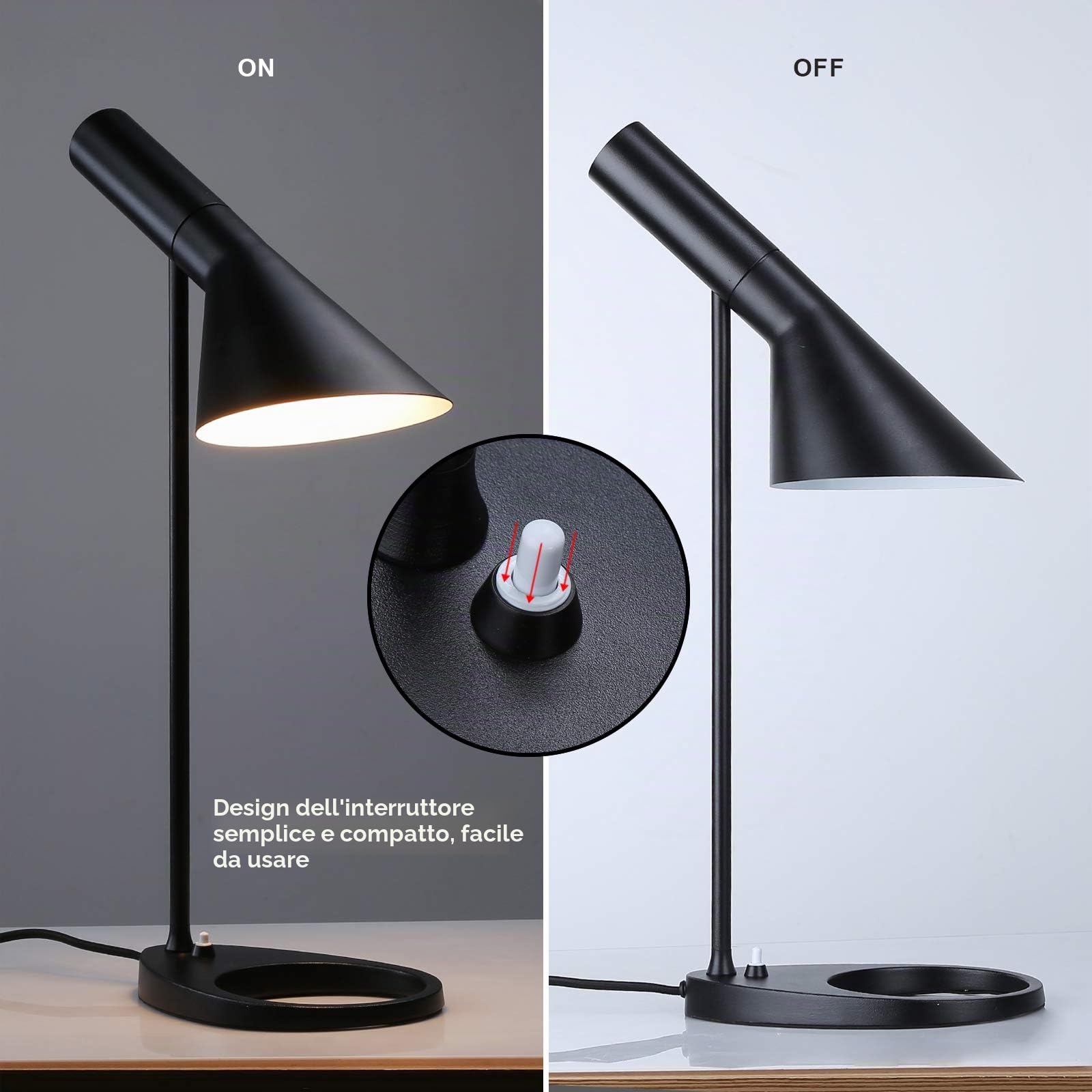 BARCELONA LED Marlene Lampada Tavolo Nera E27 Orientabile Design | Alluminio, 220x320x550mm, elegante finitura nera, stile retrò anni 50, cavo 1270mm, uso interno