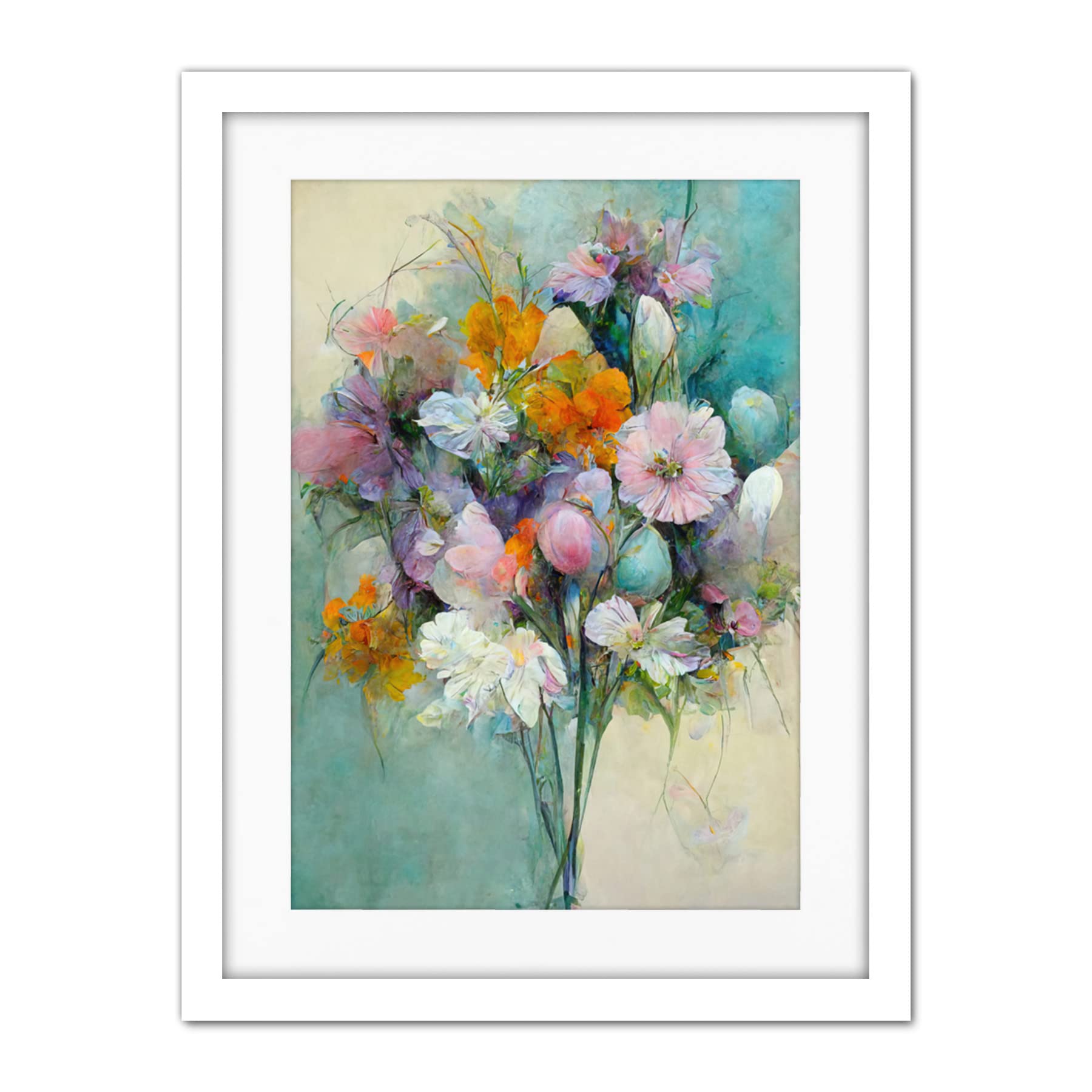 Doppelganger33 LTD Watercolour Pink Orange And Teal Spring Flower Bouquet Illustration Artwork Framed Wall Art Print 18X24 Inch