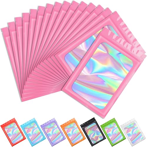 Funfery 100pcs Pink Mylar Holographic Bags-Resealable Zipper&Clear Window