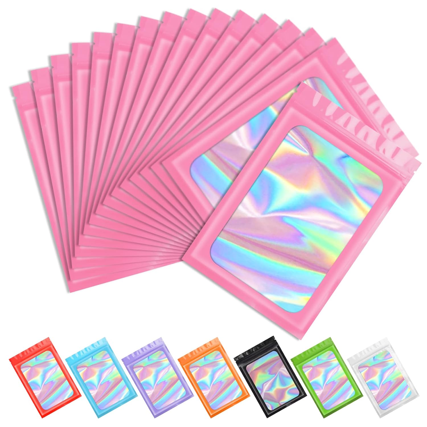 Funfery 100 pcs Pink Smell Proof Mylar Holographic Bags Packaging Bags 2 4x3 9Inch Clear Resealable Odor Proof