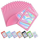 Funfery 100 pcs Pink Holographic Mylar Packaging Bags,Clear Sealing Resealable Smell Proof Bag Foil Pouch Bag for Food Storage,Lipgloss,Jewelry,Eyelash Packaging for Small Business(5.1x8.3In)