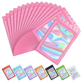 Funfery 100 pcs Pink Smell Proof Mylar Holographic Bags Packaging Bags,Clear Resealable Odor Proof Bag Foil Pouch Bag for Food Storage,Lipgloss,Jewelry,Eyelash Packaging for Small Business(3.5x6.3In)