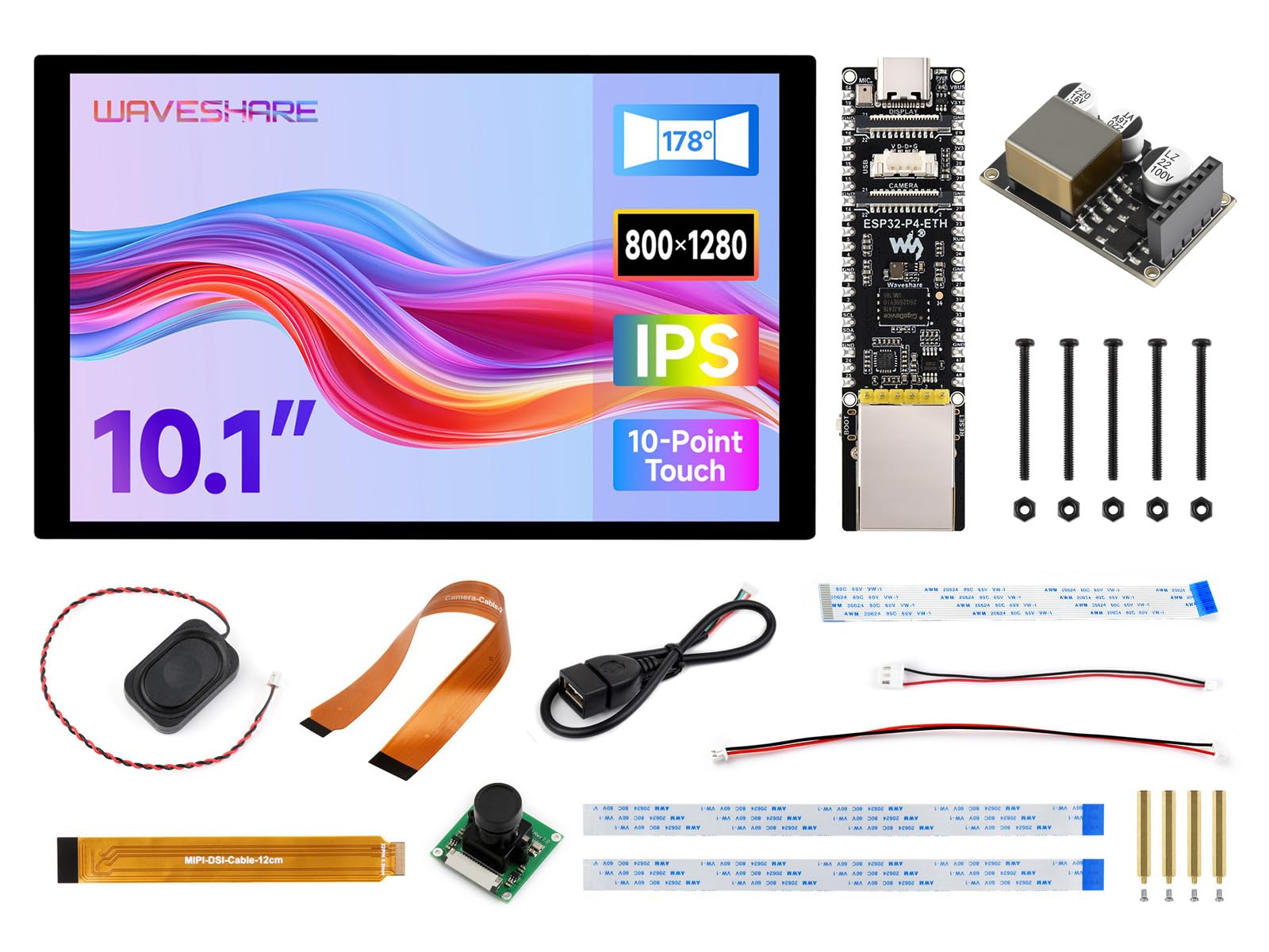 Waveshare ESP32-P4-ETH High-Performance Development Board, ESP32-P4, with 100 Mbps RJ45, with Pre-Solder Pin Headers, Bundle with 10.1inch Screen, PoE Module, Camera and Speaker