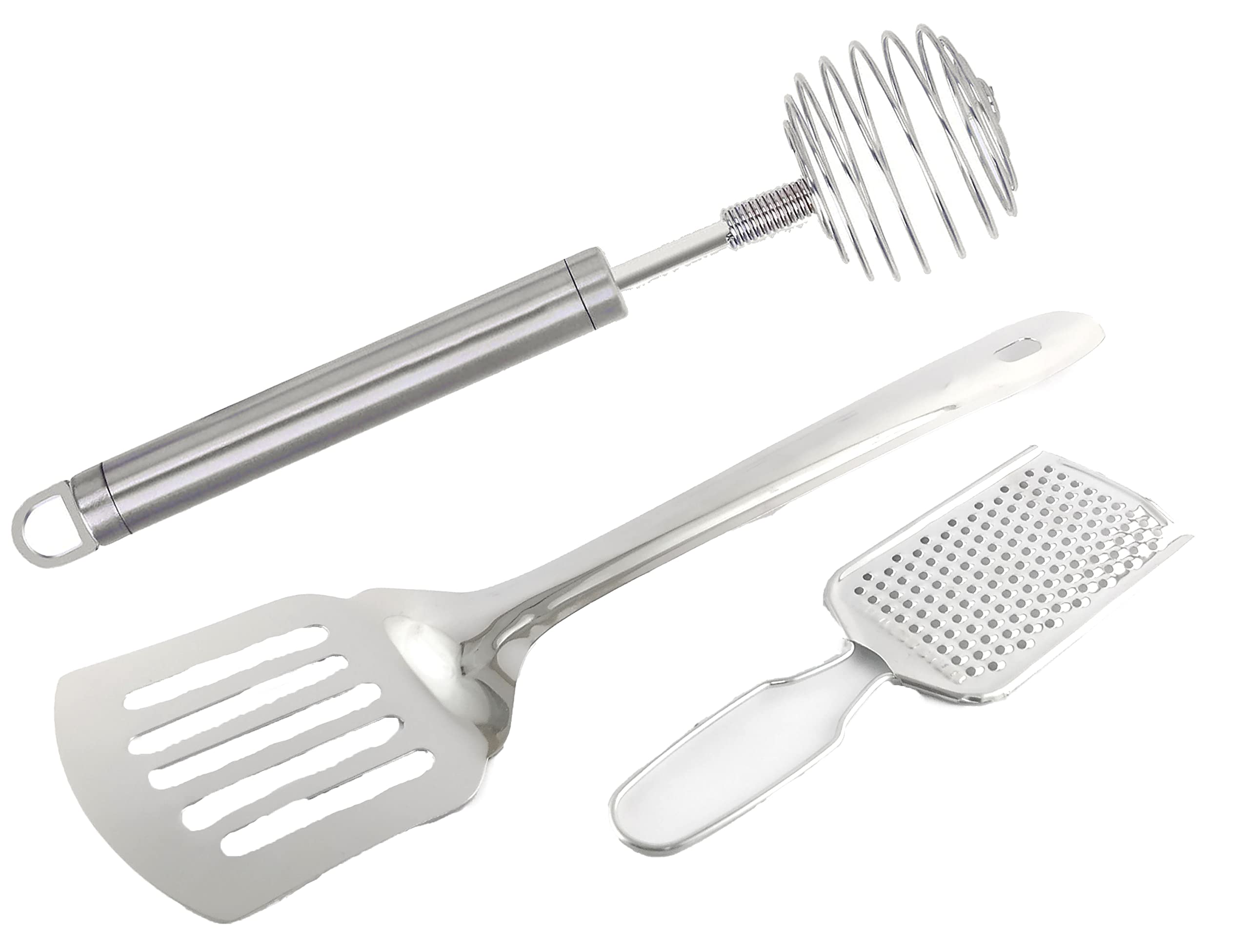 Stainless Steel Combo Of 3. Spatula: (Omlette/Dosa Palta Steel,Food Turner Flipper): 2.Ginger/Garlic/Cheese & Chocolate Grater. 3.Hand Blender Mixer Froth Whisker for Milk Coffee Egg Beater.-image-1
