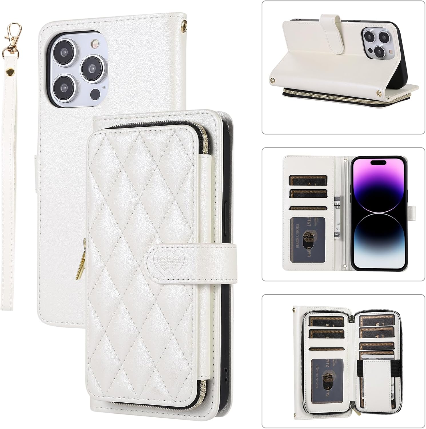 Wallet Case for iPhone 14 Pro Max 6.7 inch with Zipper Card Holder & Shoulder Strap & Wrist Strap, Crossbody Purse Handbag Stylish Protective Cover for iPhone 14 Pro Max -White