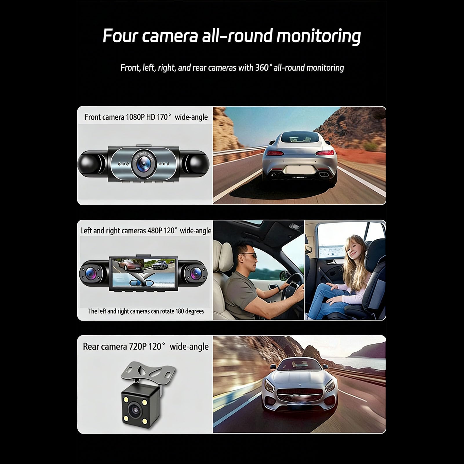 Cryfokt Dashcam 4, Registratore Auto Anteriore Posteriore Sinistra | Materiale ABS, Batteria Li-ion 150 MAh, Supporto App WiFi, Memoria Fino a 128 GB