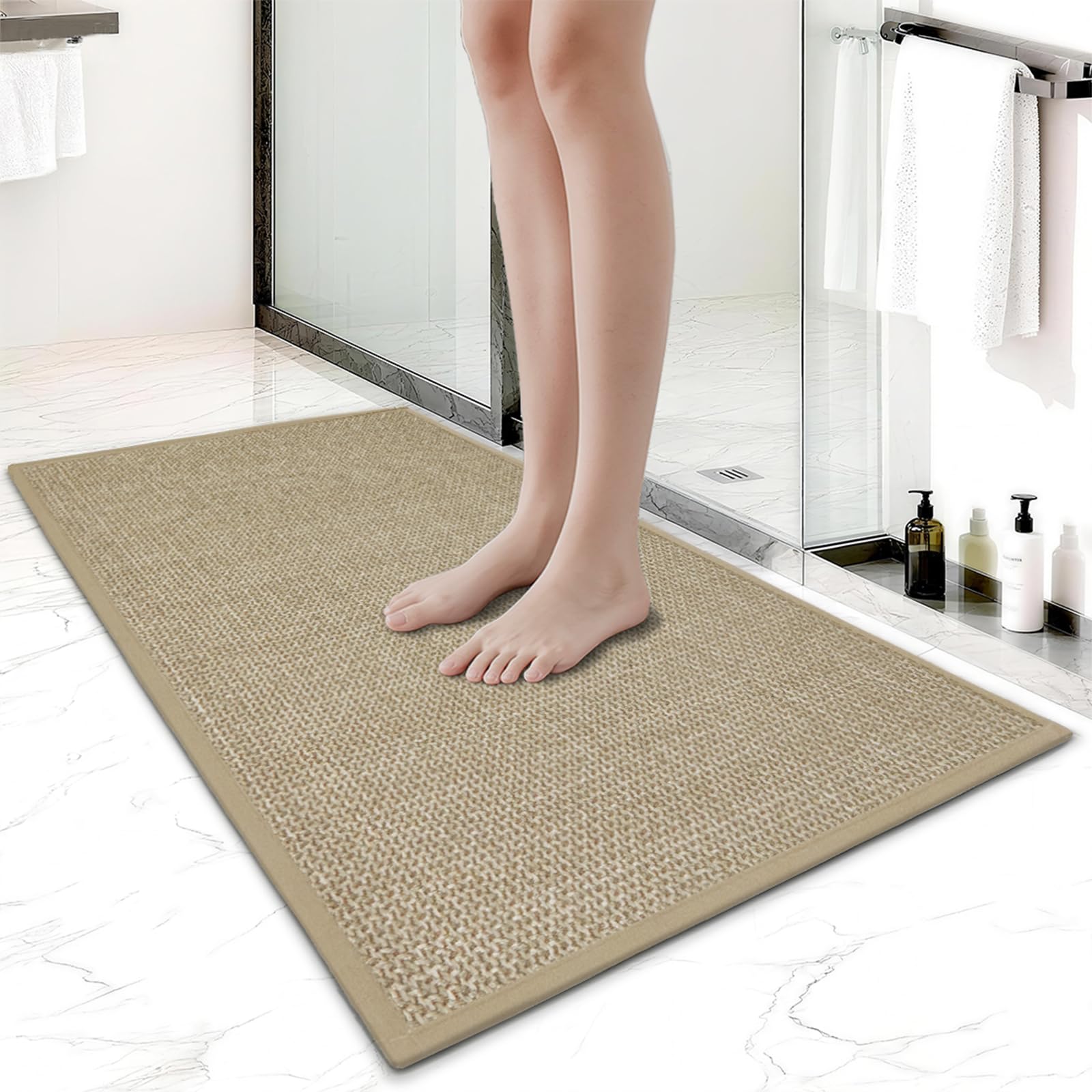 Lunofox Weave Bathroom Rug, Non Slip Bath Rug, Thin Bathroom Floor Mat, Rubber Backing, Absorbent Neutral Boho Style Bath Rugs for Tub and Shower,