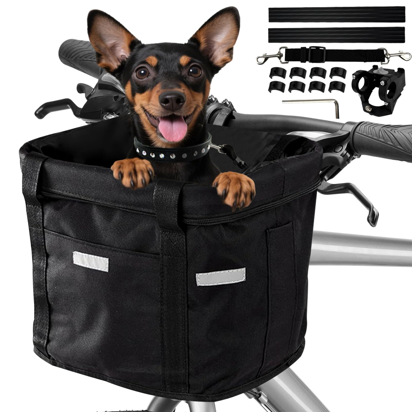 Panier Vélo Avant, Amovible Vélo Guidon Panier, Panier Vélo Chien | Mit Cadre en Alliage D'aluminium pour VTT, Shopping, Petit Animal Domestique Petit Chien Jusqu'à 5 kg, Noir Réfléchissant