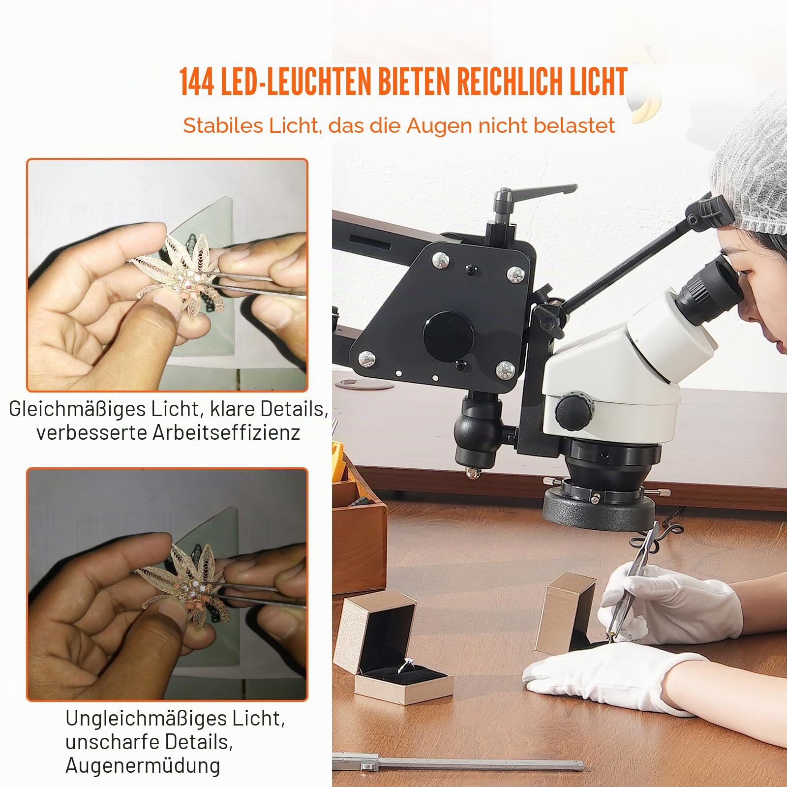 VEVOR Multidirektionales Mikroskop mit Federhalterung, Schmuckmikroskop mit 7- bis 45-facher Vergrößerung, Mikro-Schmuck-Intarsienständer mit integriertem USB-Ring-LED-Licht, Juweliermikroskop
