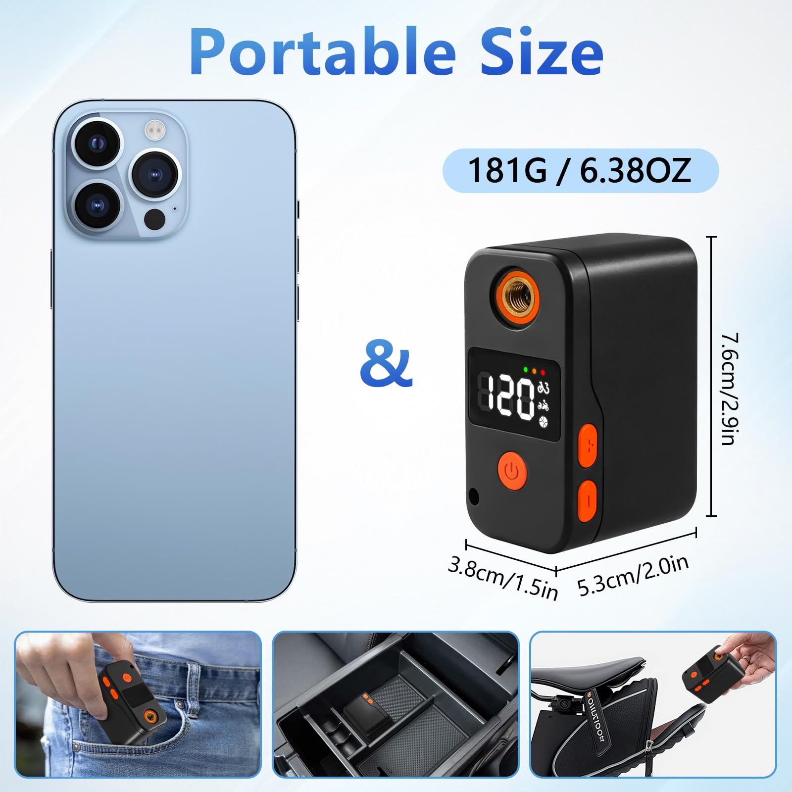 elzle Mini Pompa Elettrica per Bicicletta,120 PSI Portatile Piccola Pompa Per Bicicletta 181g,Display Digitale a LED Pompa per Biciclette con Valvole Presta e Schrader per Biciclette, E-bike, Moto