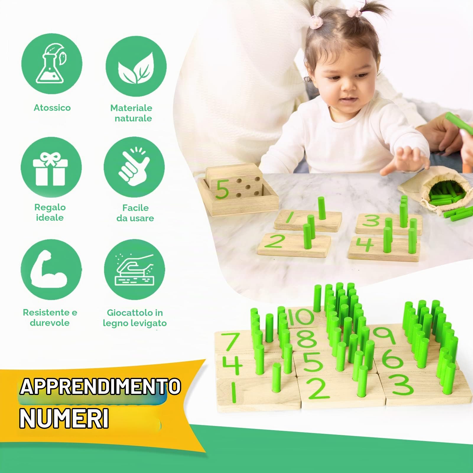 DINORUN Giocattoli Montessori Giocattoli in legno Conteggio Bastoni Numero Matematica Giochi con Borsa di Immagazzinaggio Regali Educativi per Bambini 3 4 5 Anni Ragazze e Ragazzi